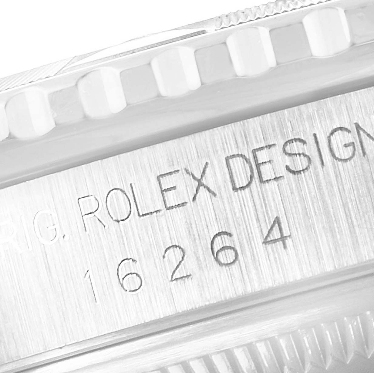 This image shows a close-up side view of the Rolex Turn-o-Graph 16264 Men's Stainless Steel Black Dial 16264 Men's Stainless Steel Black Dial watch, highlighting the engraved model number "16264."