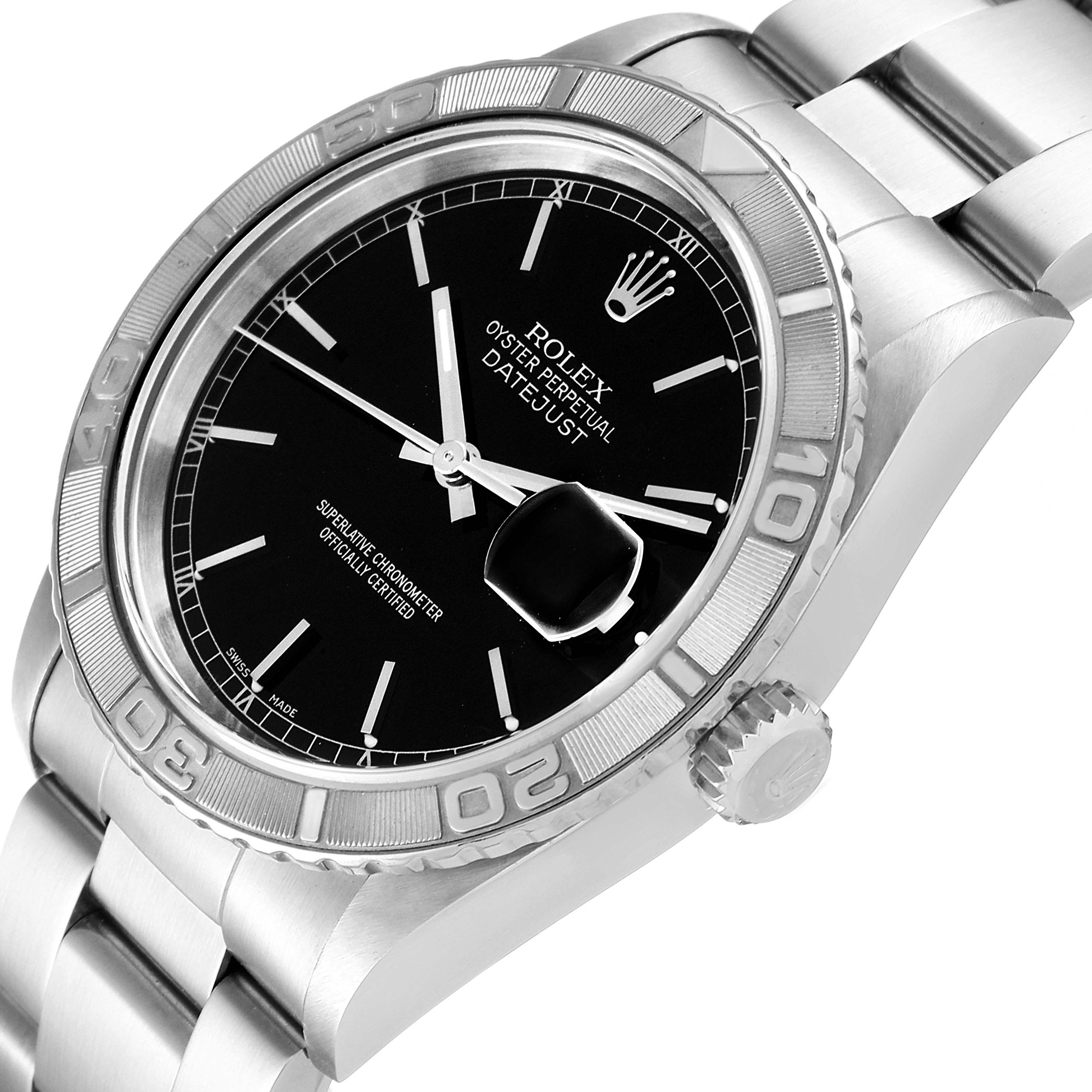 The image shows a side view of the Rolex Turn-o-Graph 16264 Men's Stainless Steel Black Dial 16264 Men's Stainless Steel Black Dial watch, highlighting the case, black dial, bezel, and part of the bracelet.