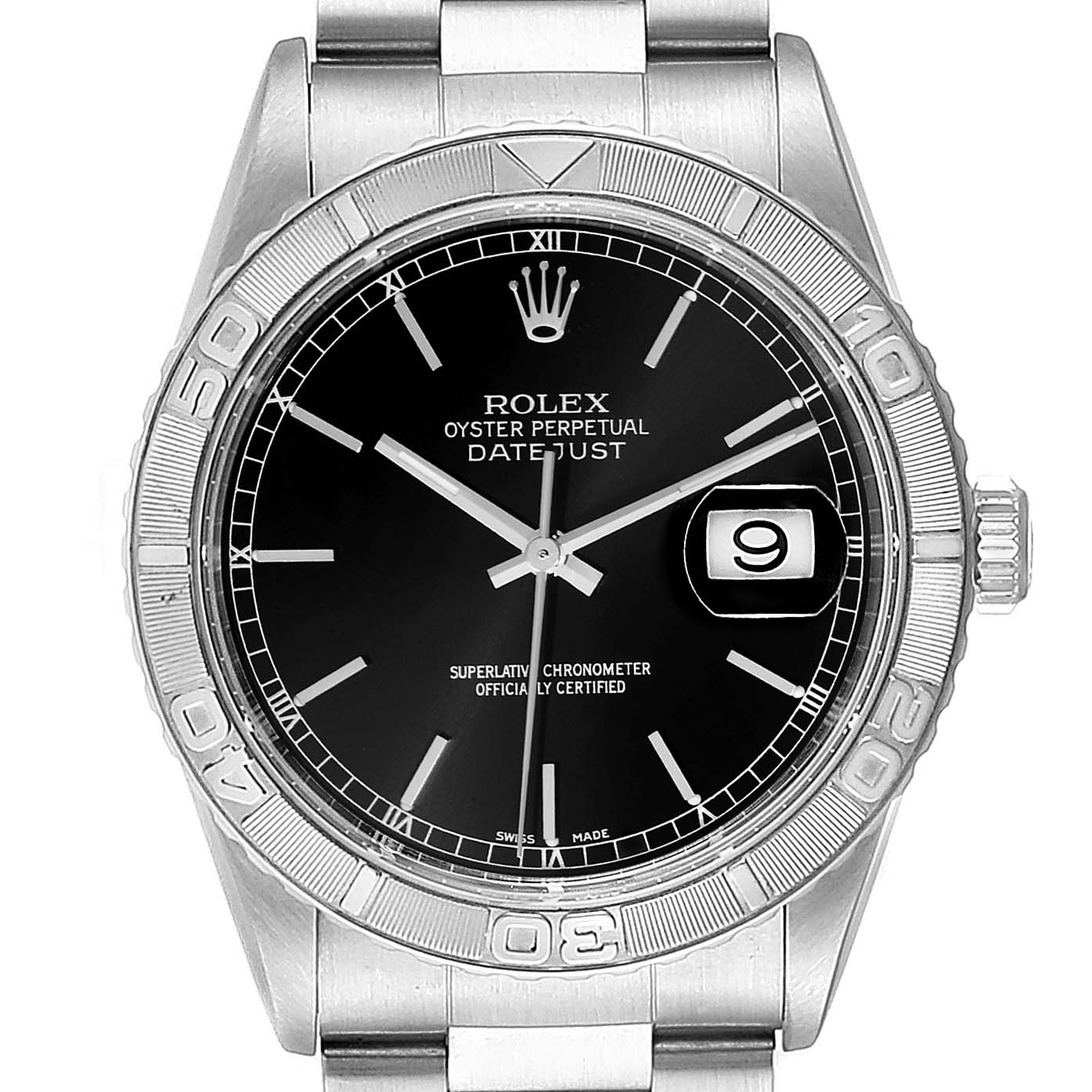 The image shows a front view of the Rolex Turn-o-Graph 16264 Men's Stainless Steel Black Dial 16264 Men's Stainless Steel Black Dial watch, highlighting the dial, bezel, crown, and part of the bracelet.