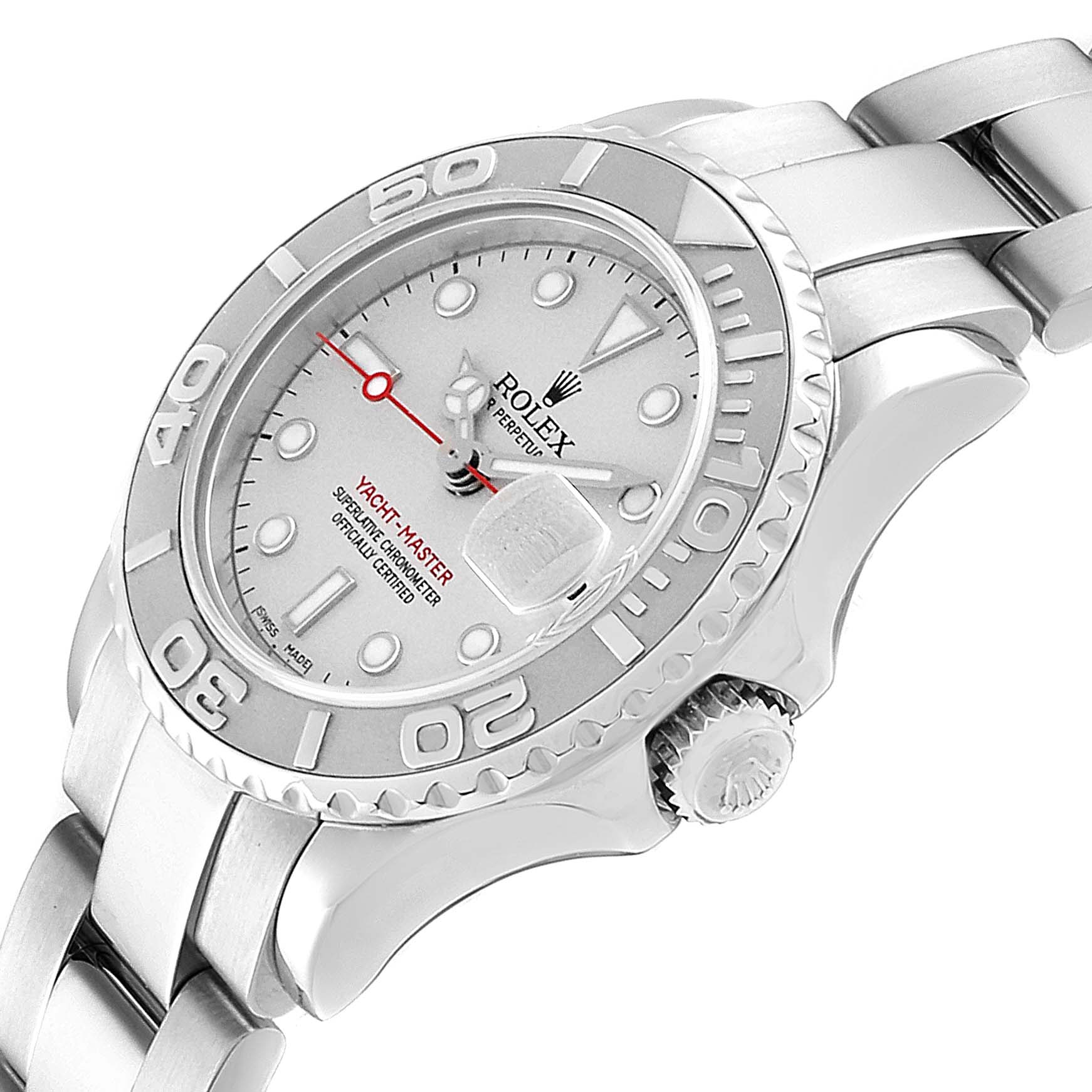 The Rolex Yacht-Master 169622 Women's Stainless Steel Silver Dial 169622 Women's Stainless Steel Silver Dial watch is shown from an angled side view, highlighting the face, bracelet, bezel, and crown.