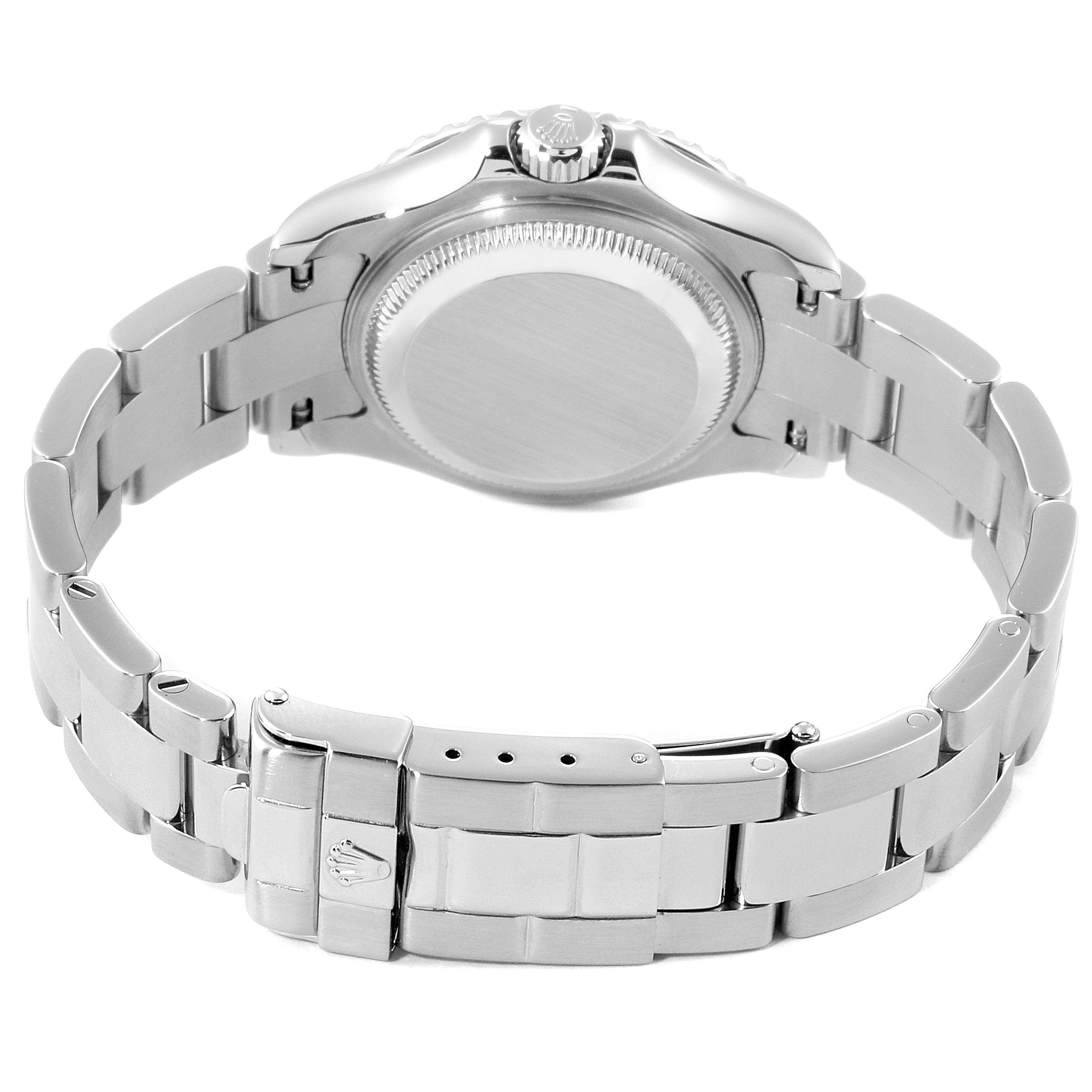 This image shows the back and bracelet of the Rolex Yacht-Master 169622 Women's Stainless Steel Silver Dial 169622 Women's Stainless Steel Silver Dial watch, focusing on the clasp and case back.