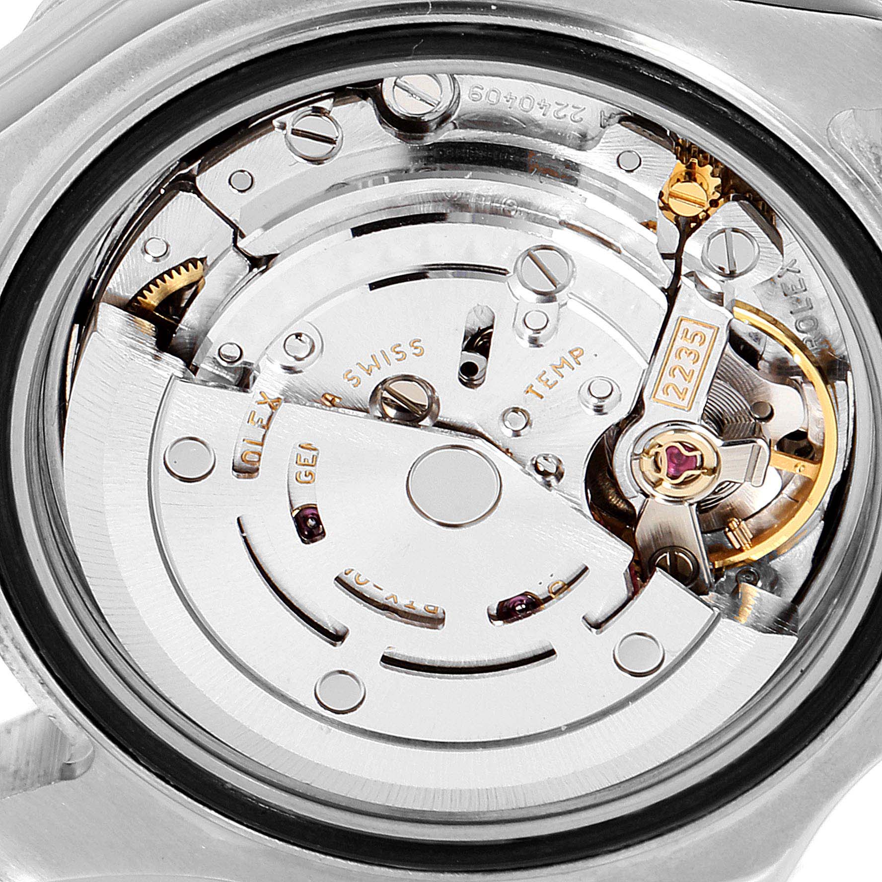 This image shows the internal movement mechanism of a Rolex Yacht-Master 169622 Women's Stainless Steel Silver Dial 169622 Women's Stainless Steel Silver Dial watch from a close-up angle.