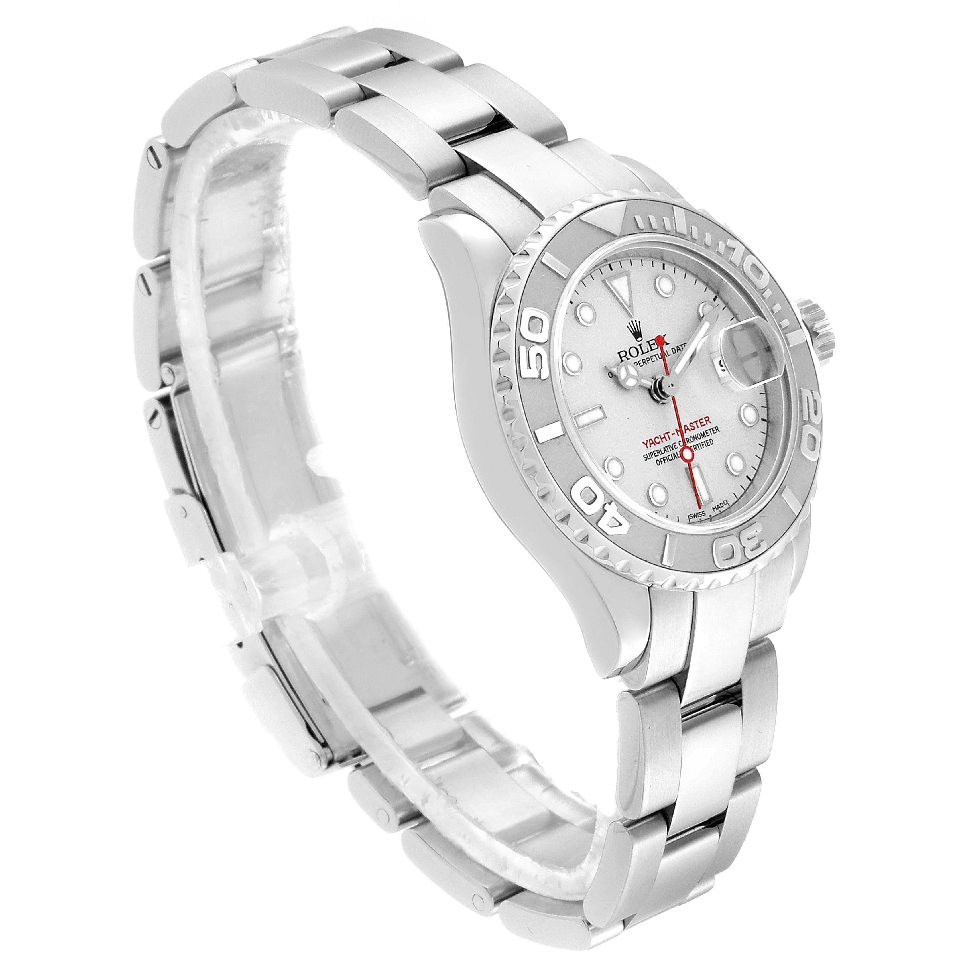 The image shows a side-angle view of the Rolex Yacht-Master 169622 Women's Stainless Steel Silver Dial 169622 Women's Stainless Steel Silver Dial watch, highlighting the face, bezel, crown, and metal bracelet.