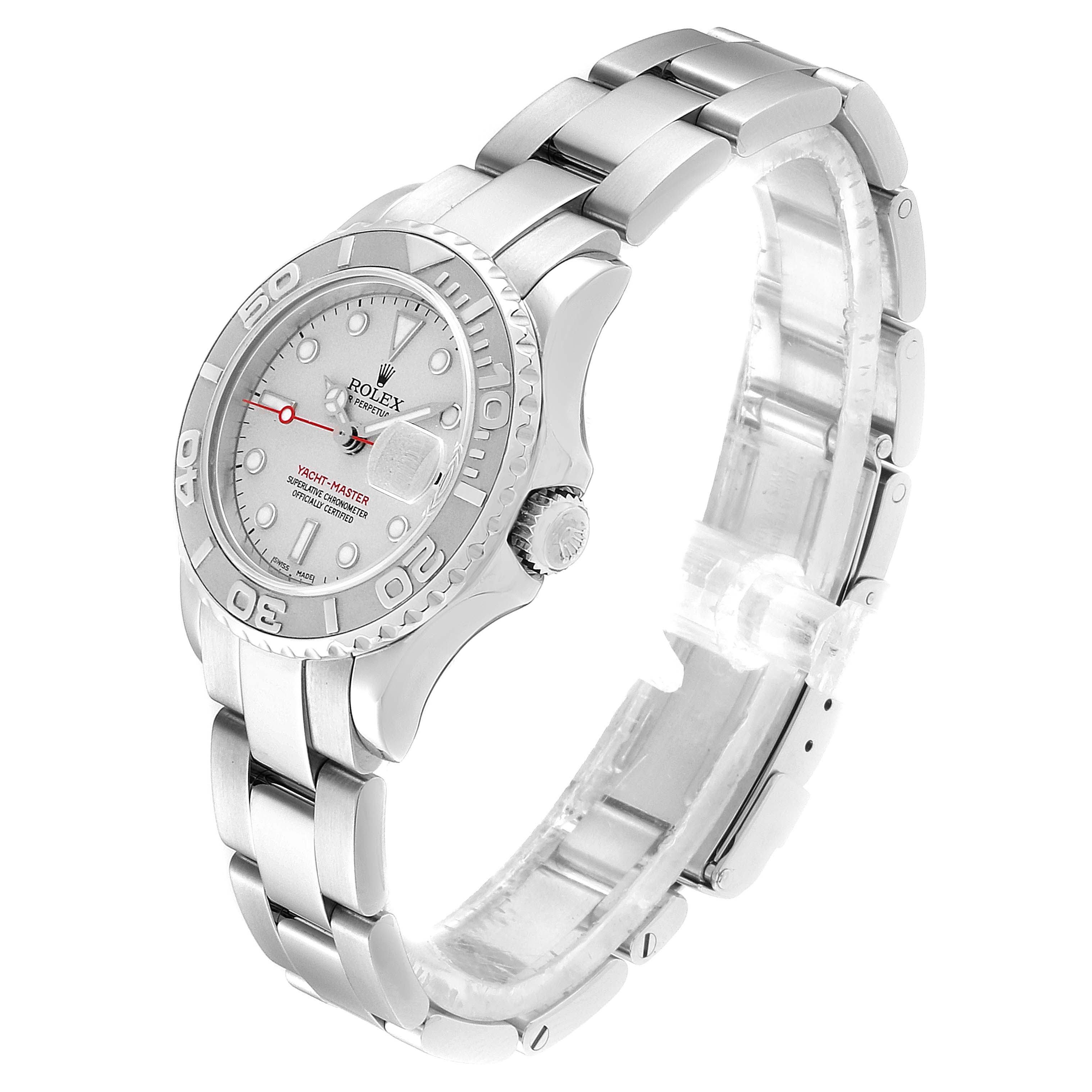 This image shows a side angle view of the Rolex Yacht-Master 169622 Women's Stainless Steel Silver Dial 169622 Women's Stainless Steel Silver Dial watch, highlighting the case, bezel, dial, bracelet, and crown.