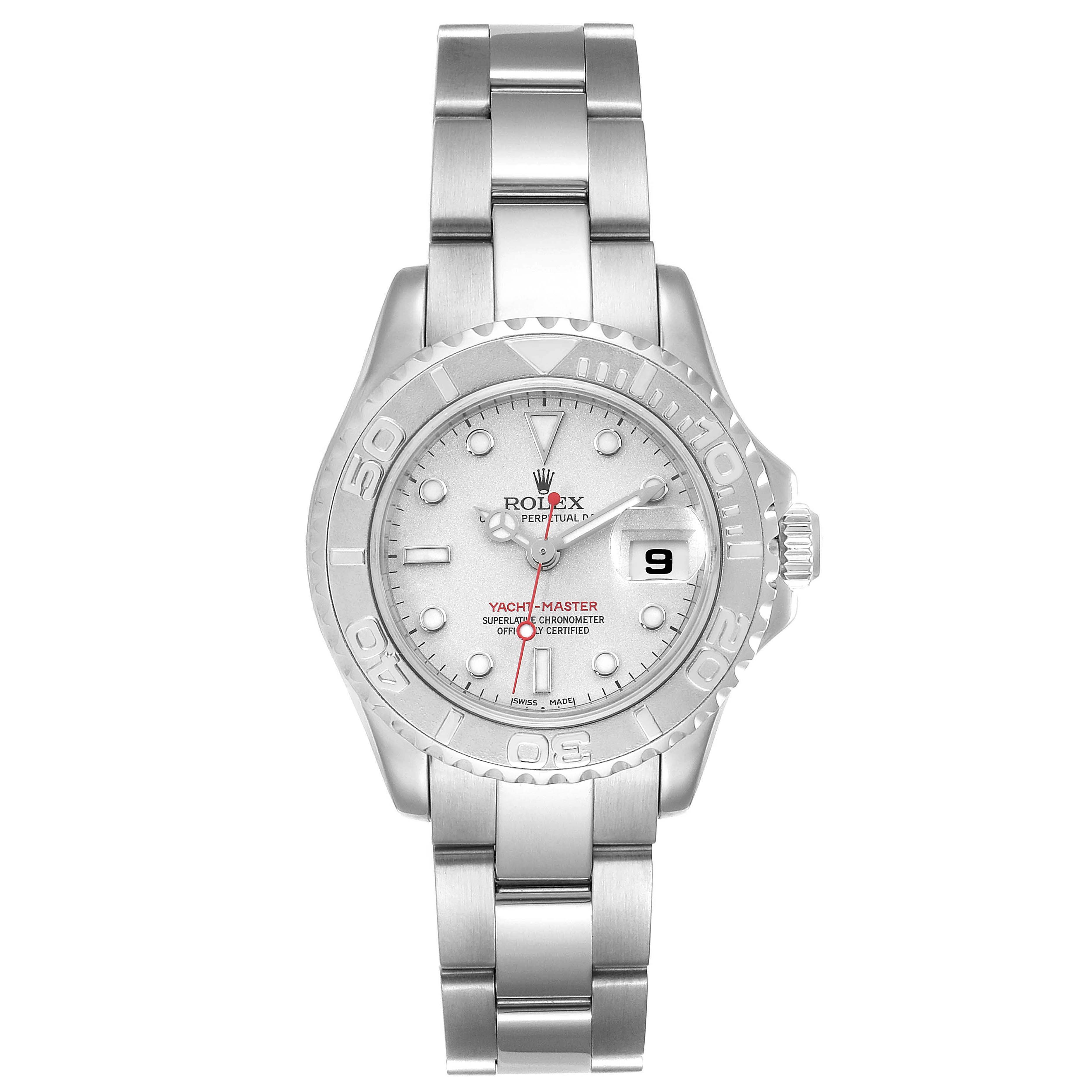 The image shows a front view of a Rolex Yacht-Master 169622 Women's Stainless Steel Silver Dial 169622 Women's Stainless Steel Silver Dial watch, highlighting its face, bezel, and bracelet.