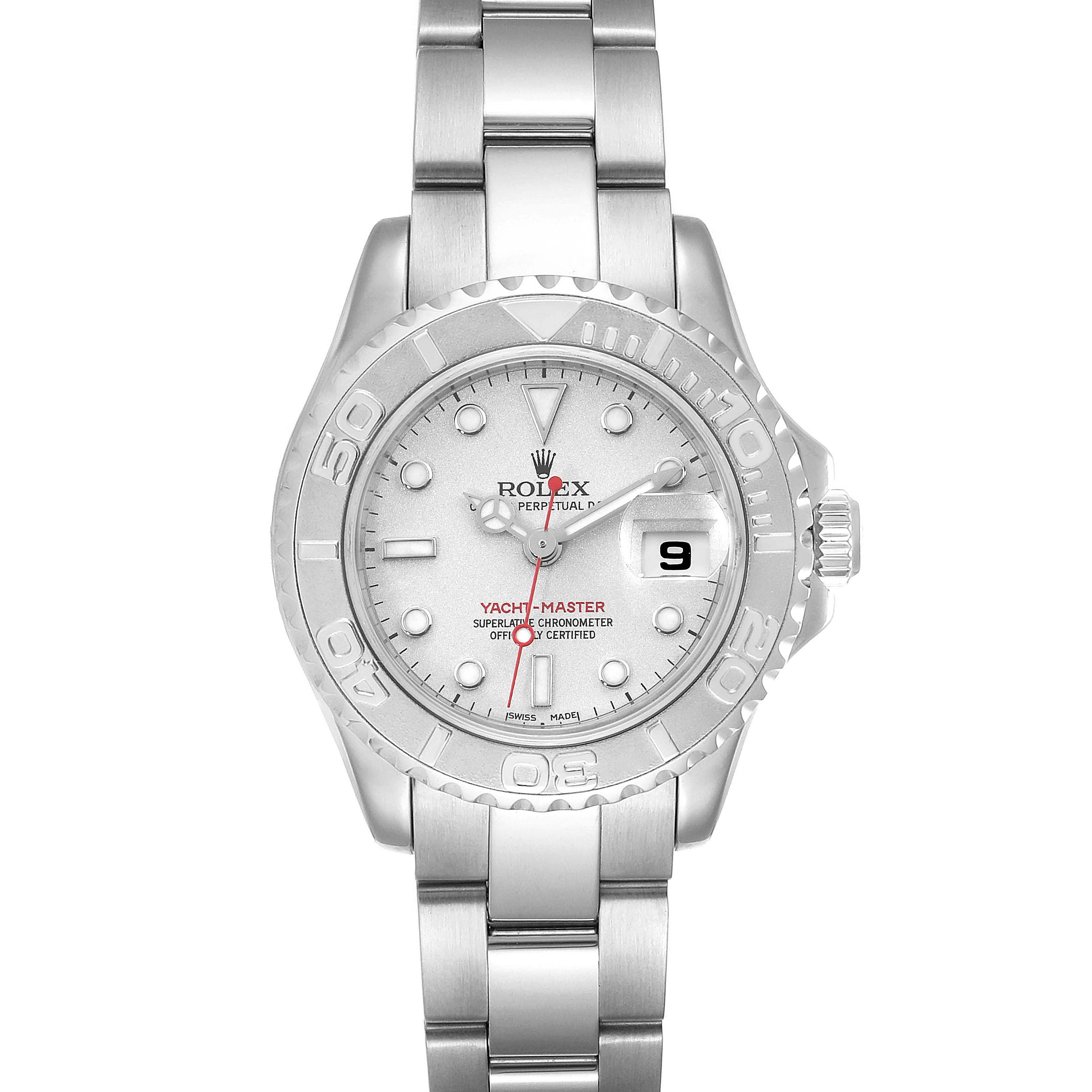 The image shows a front view of a Rolex Yacht-Master 169622 Women's Stainless Steel Silver Dial 169622 Women's Stainless Steel Silver Dial watch displaying the dial, bracelet, bezel, and crown.