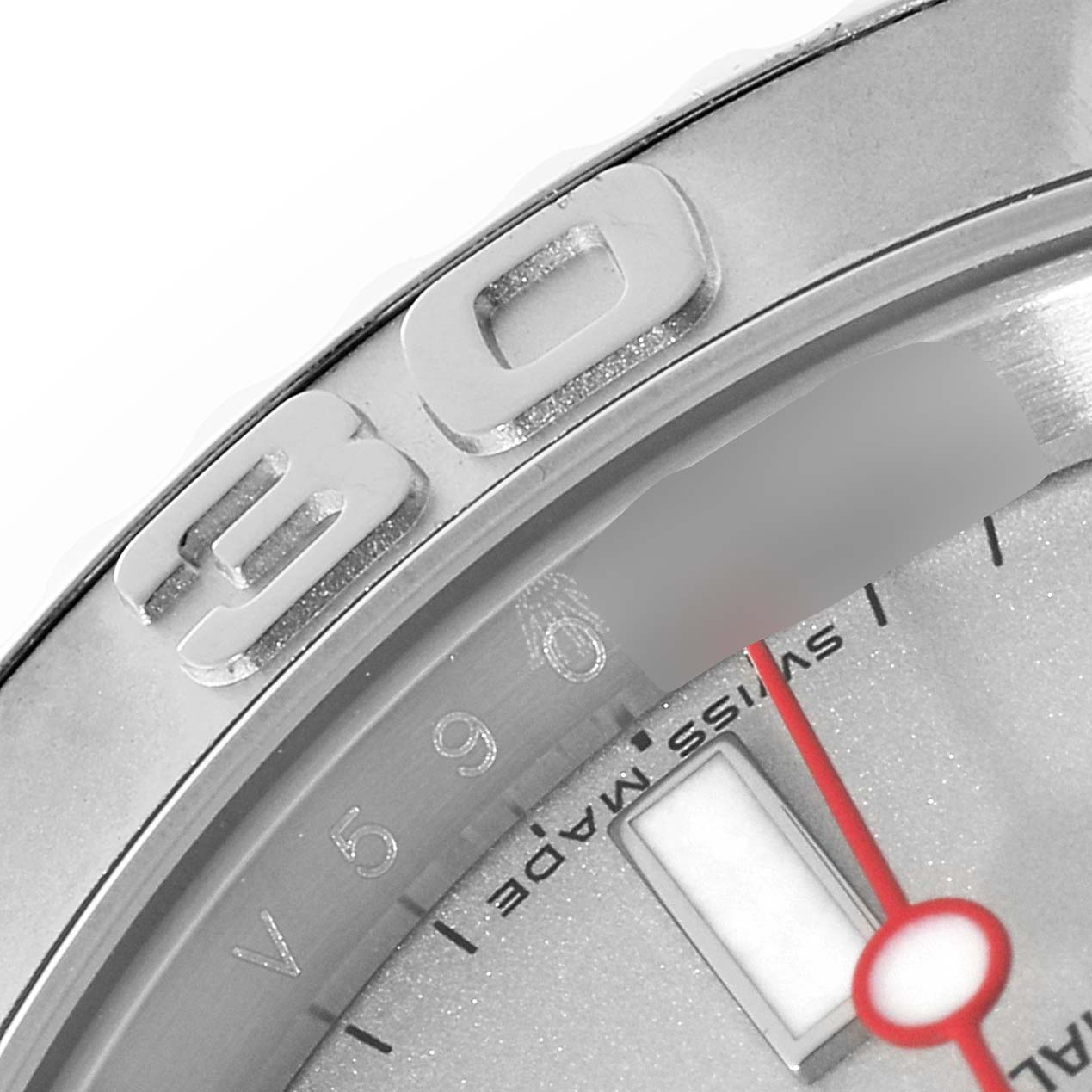 The image shows a close-up of the bezel and part of the dial of a Rolex Yacht-Master 16622 Men
s Stainless Steel Silver Dial 16622 Men
s Stainless Steel Silver Dial watch, highlighting the "30" marker.