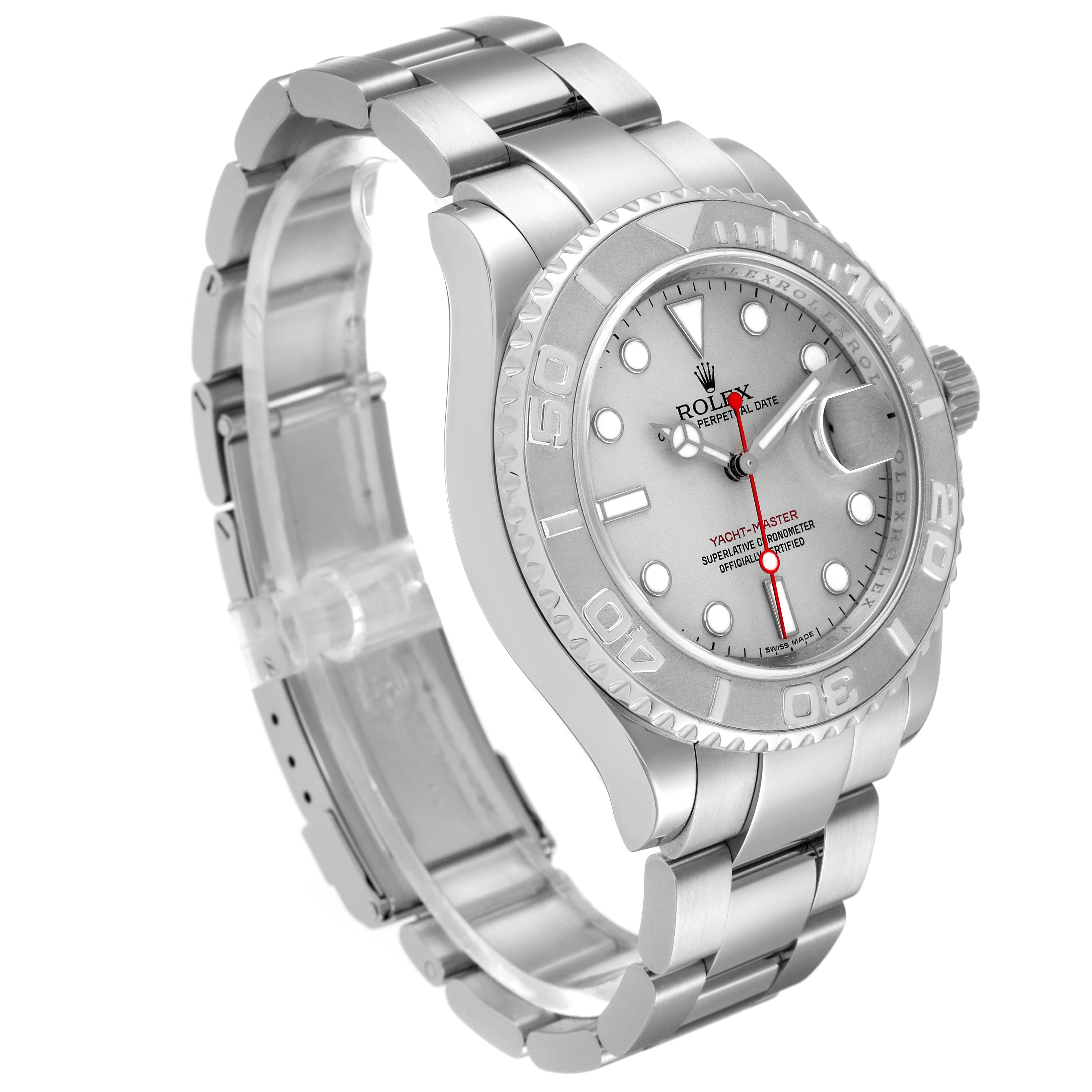 The image shows a side angle view of the Rolex Yacht-Master 16622 Men
s Stainless Steel Silver Dial 16622 Men
s Stainless Steel Silver Dial watch, focusing on the case, dial, and bracelet.