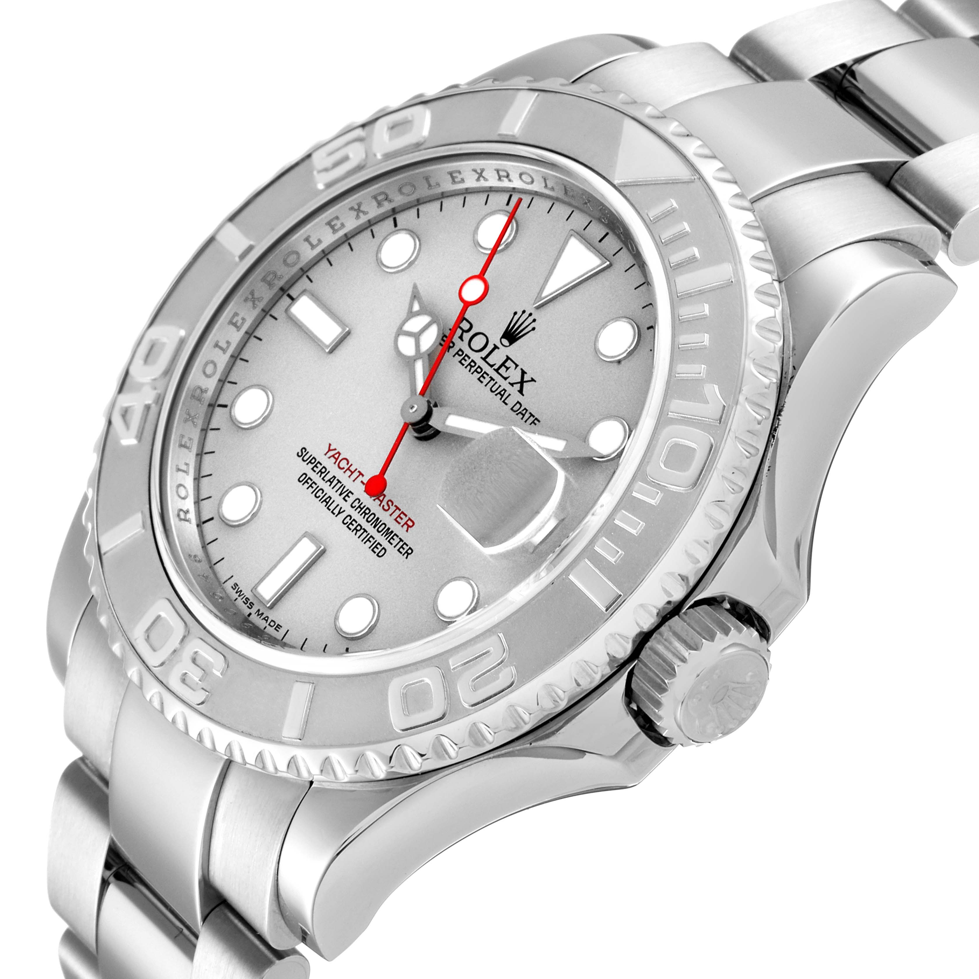 The Rolex Yacht-Master 16622 Men
s Stainless Steel Silver Dial 16622 Men
s Stainless Steel Silver Dial watch is shown at an angled close-up, displaying the face, bezel, crown, and part of the bracelet.
