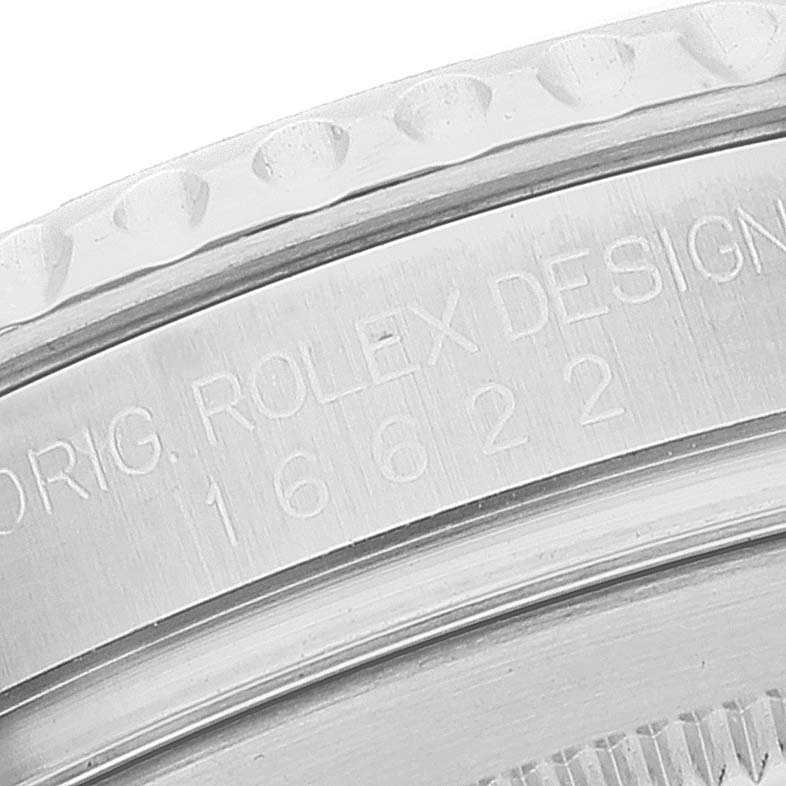 The image shows a close-up of the case and bezel of a Rolex Yacht-Master 16622 Men
s Stainless Steel Silver Dial 16622 Men
s Stainless Steel Silver Dial watch, highlighting the model number and design inscription.