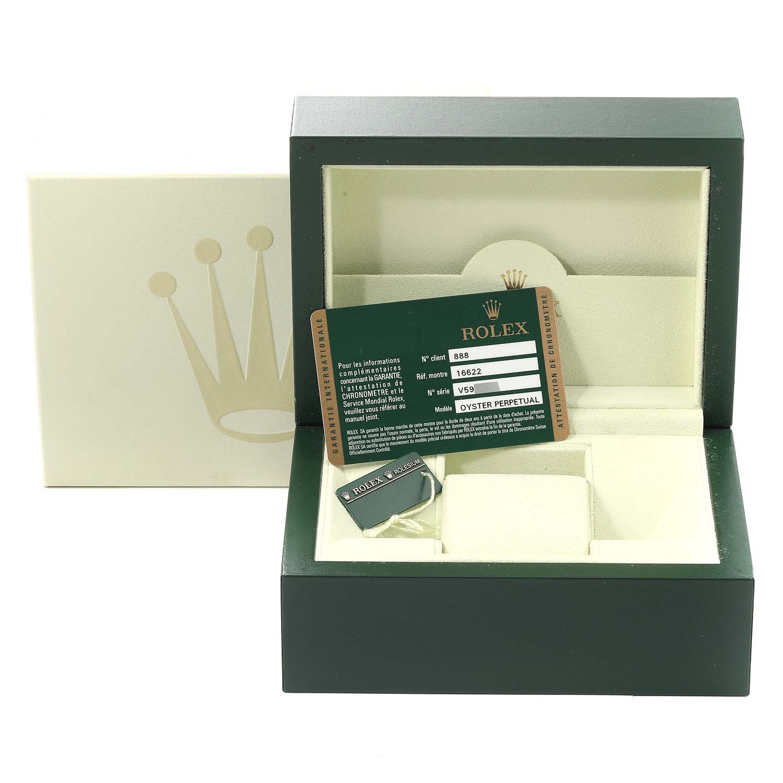 This image shows an open Rolex Yacht-Master 16622 Men
s Stainless Steel Silver Dial 16622 Men
s Stainless Steel Silver Dial watch box with certification cards inside.