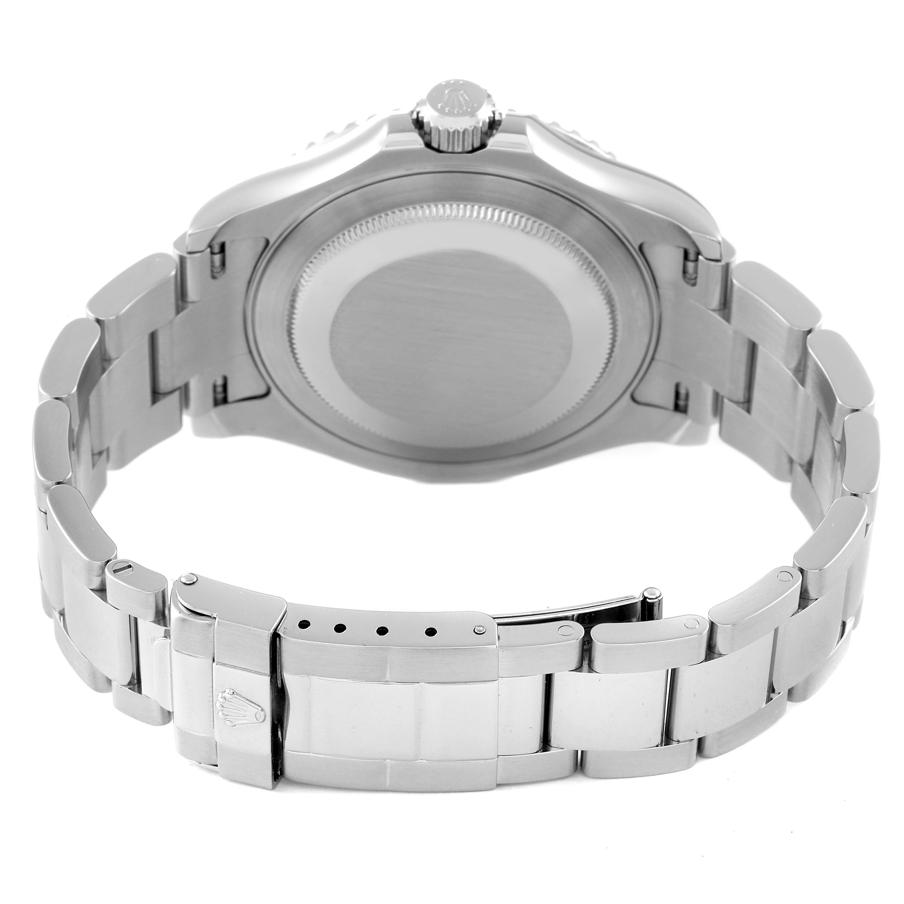 The image shows the back and bracelet of a Rolex Yacht-Master 16622 Men
s Stainless Steel Silver Dial 16622 Men
s Stainless Steel Silver Dial watch viewed from behind.