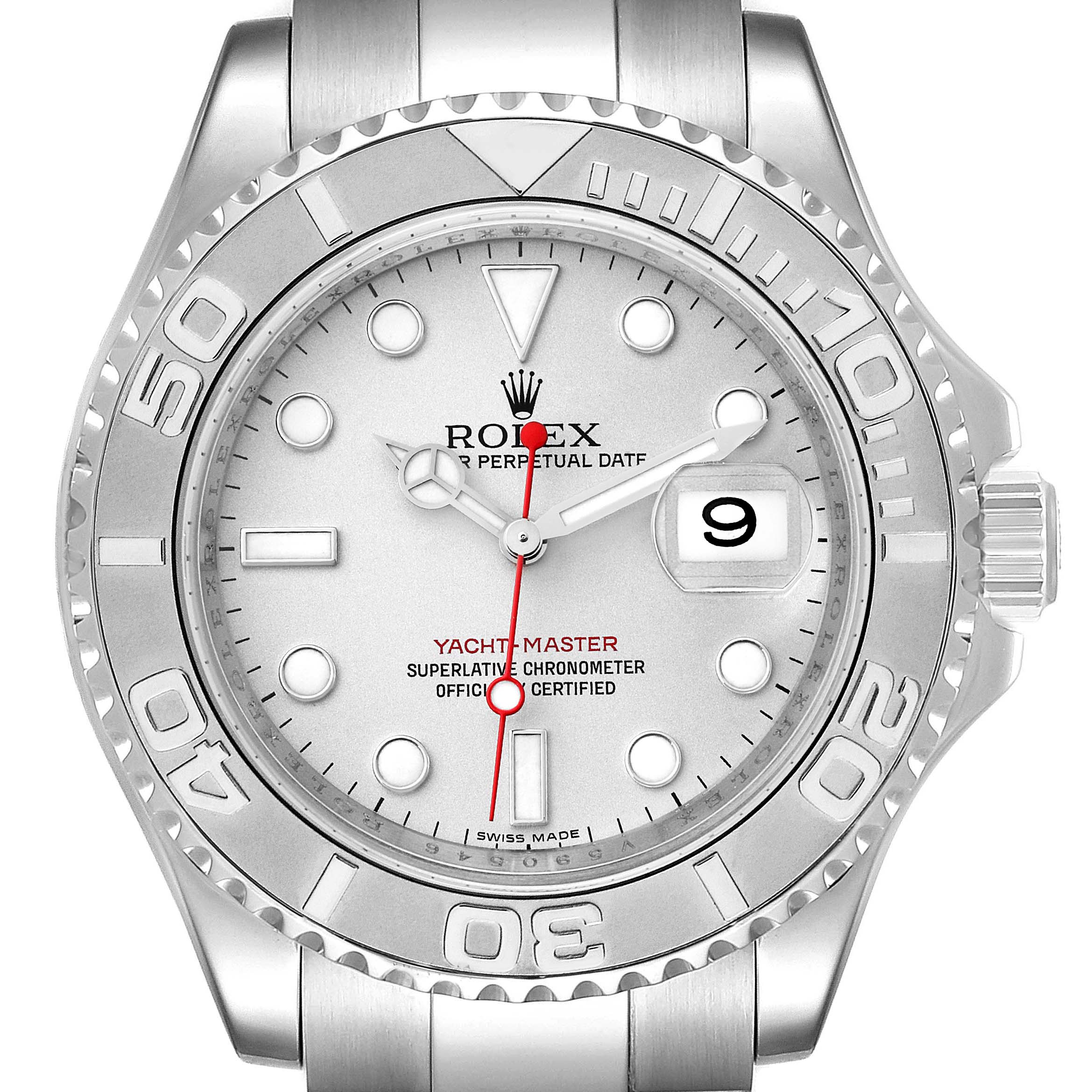 The image shows a close-up of the dial and bezel of the Rolex Yacht-Master 16622 Men
s Stainless Steel Silver Dial 16622 Men
s Stainless Steel Silver Dial watch, focusing on the face and crown.