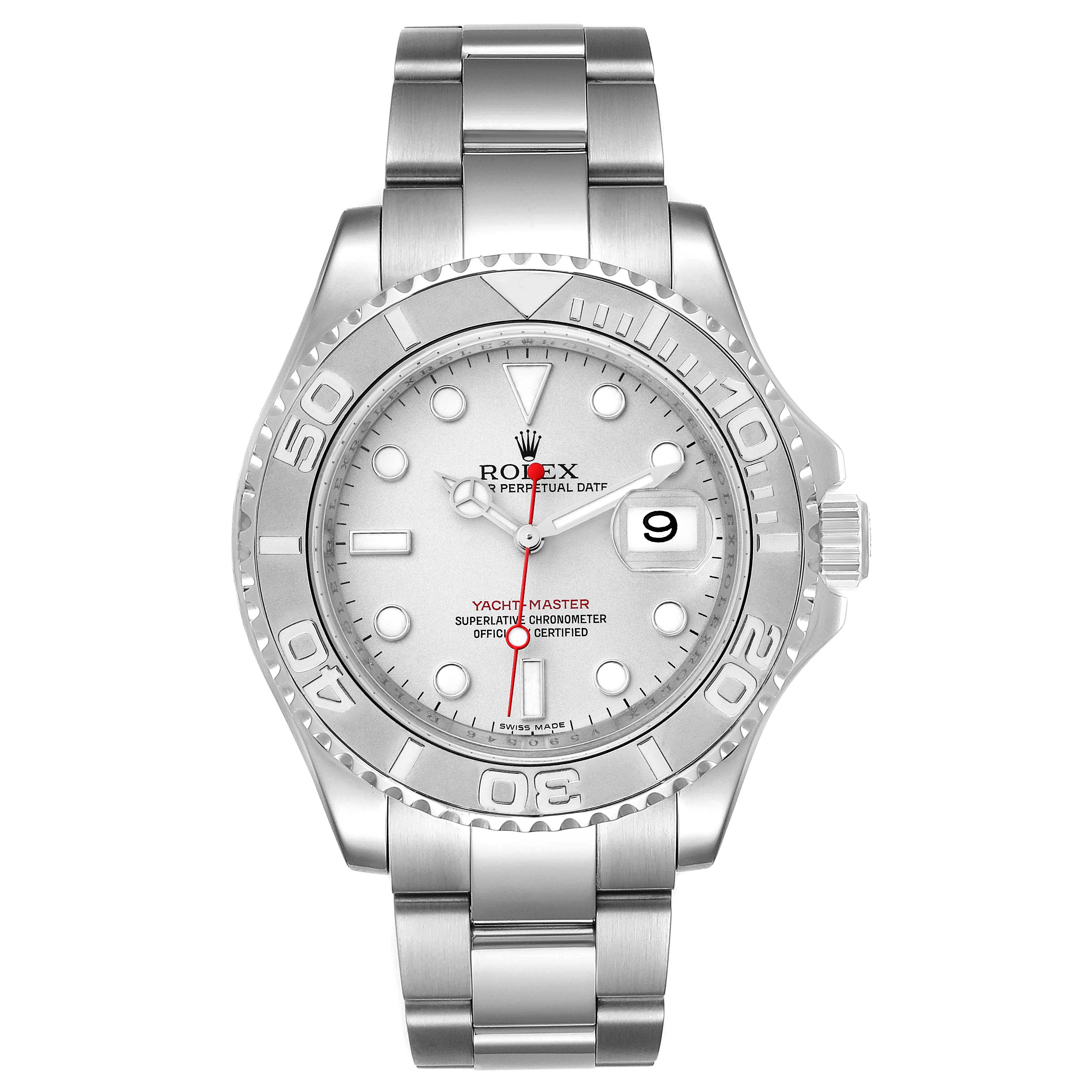 The Rolex Yacht-Master 16622 Men
s Stainless Steel Silver Dial 16622 Men
s Stainless Steel Silver Dial model is shown from a front angle, displaying the face, bezel, crown, and bracelet.