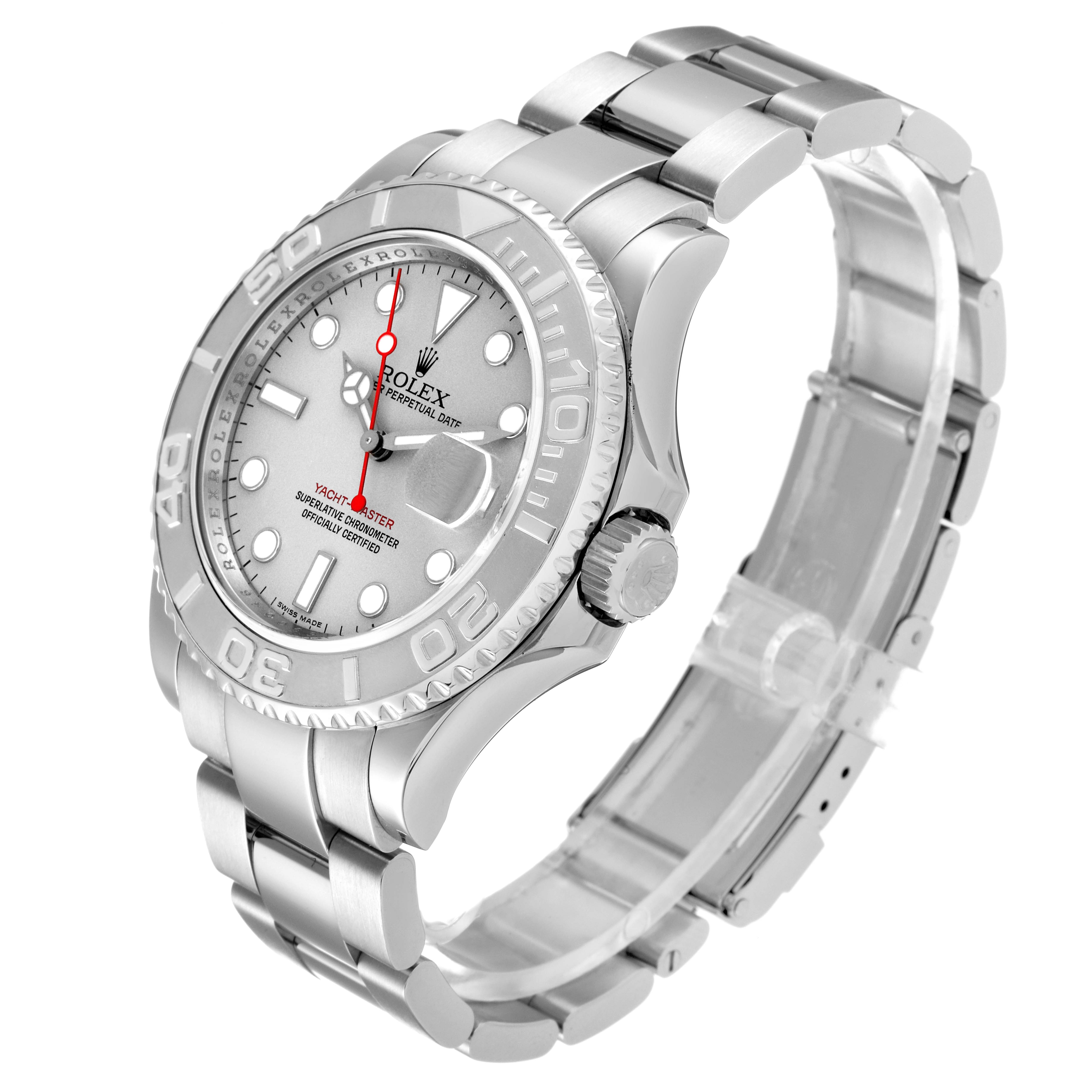 The Rolex Yacht-Master 16622 Men
s Stainless Steel Silver Dial 16622 Men
s Stainless Steel Silver Dial watch is shown at a slight angle, highlighting the dial, bezel, and bracelet.