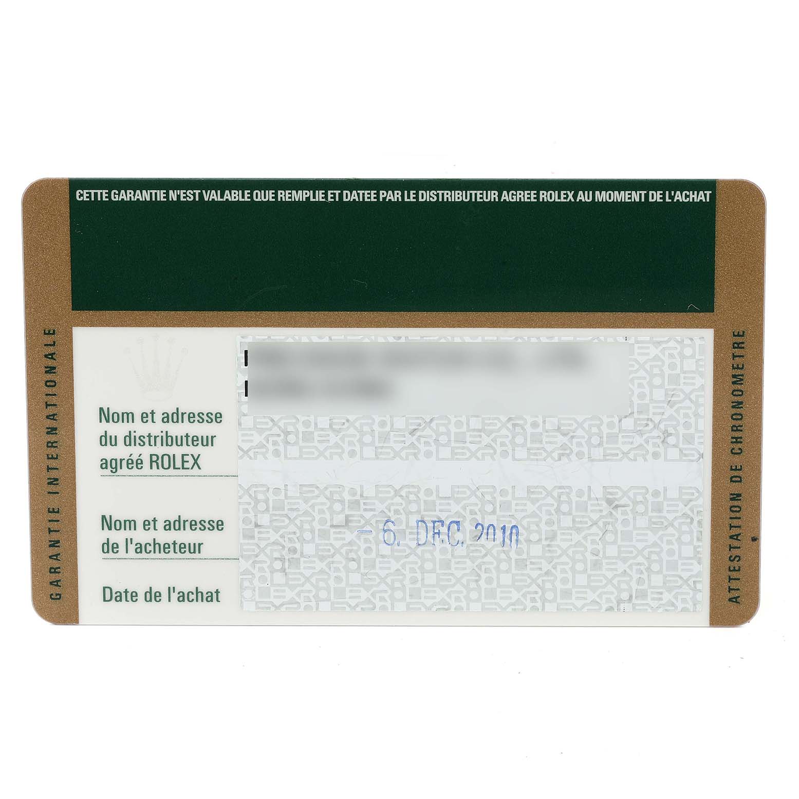 This is a warranty card for the Rolex Yacht-Master 16622 Men
s Stainless Steel Silver Dial 16622 Men
s Stainless Steel Silver Dial model shown from the front.