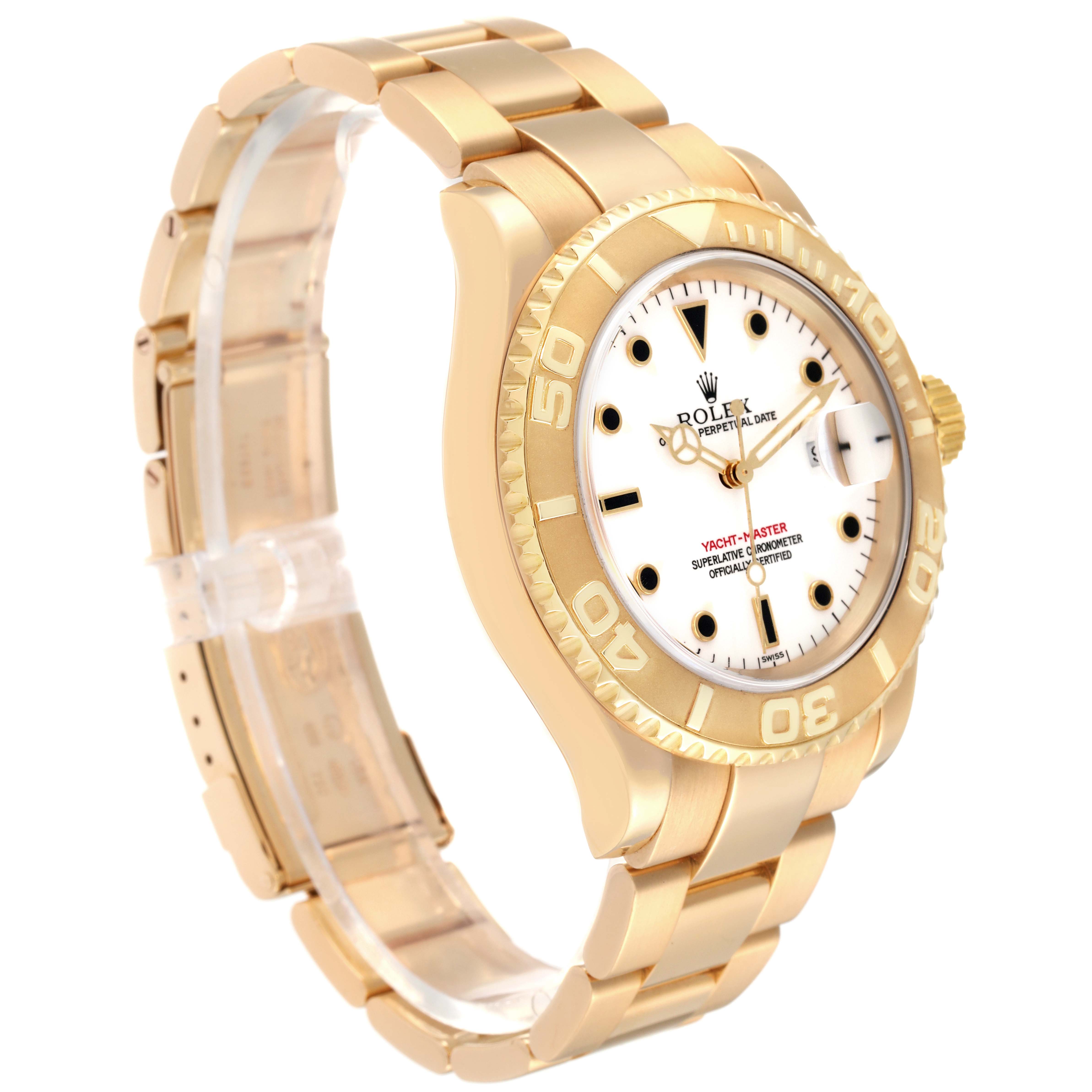 The image shows a Rolex Yacht-Master 16628 Men
s Yellow Gold White Dial 16628 Men
s Yellow Gold White Dial watch at an angled side view, highlighting the bracelet, bezel, and face.