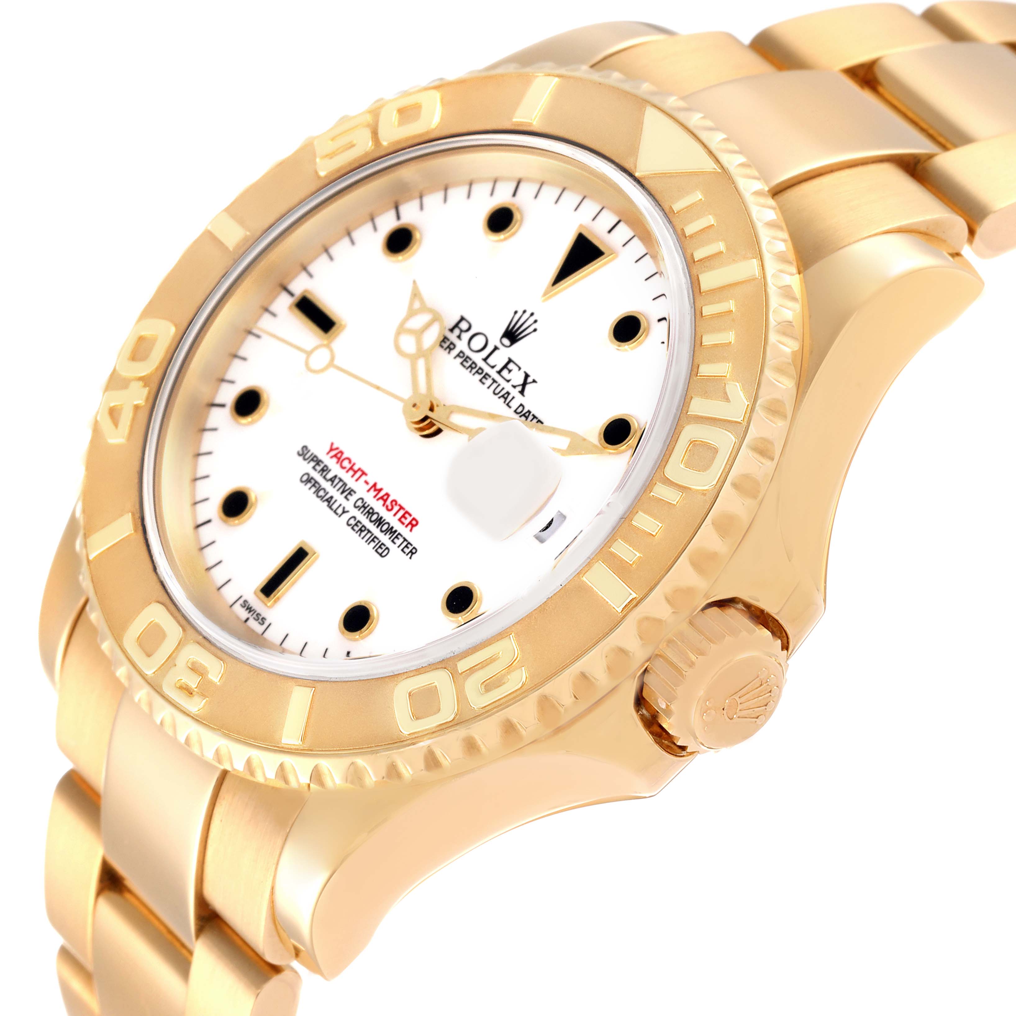 This image shows the Rolex Yacht-Master 16628 Men
s Yellow Gold White Dial 16628 Men
s Yellow Gold White Dial watch at an angled close-up, highlighting the bezel, dial, crown, and part of the bracelet.