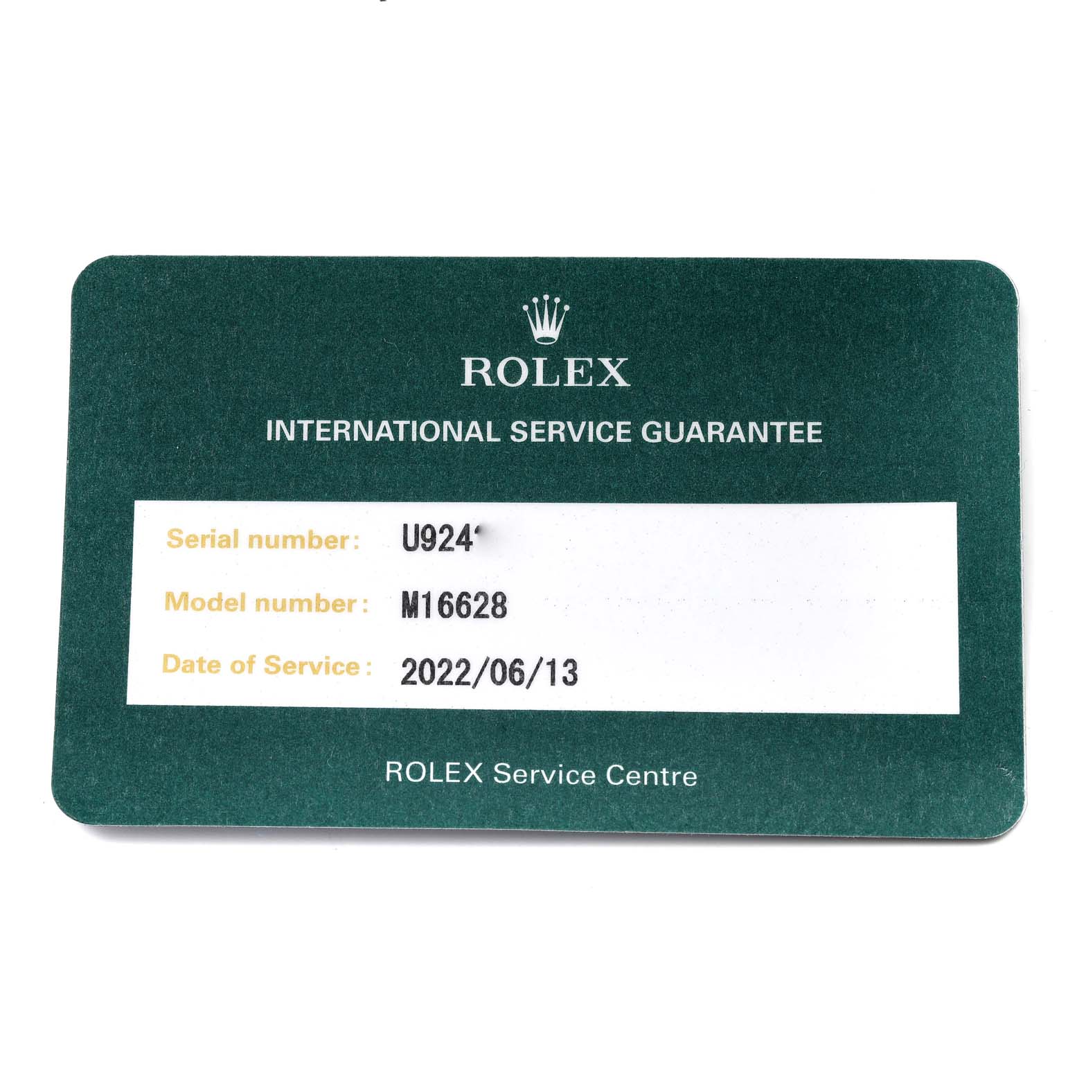 The image shows a Rolex International Service Guarantee card for the Yacht-Master model.