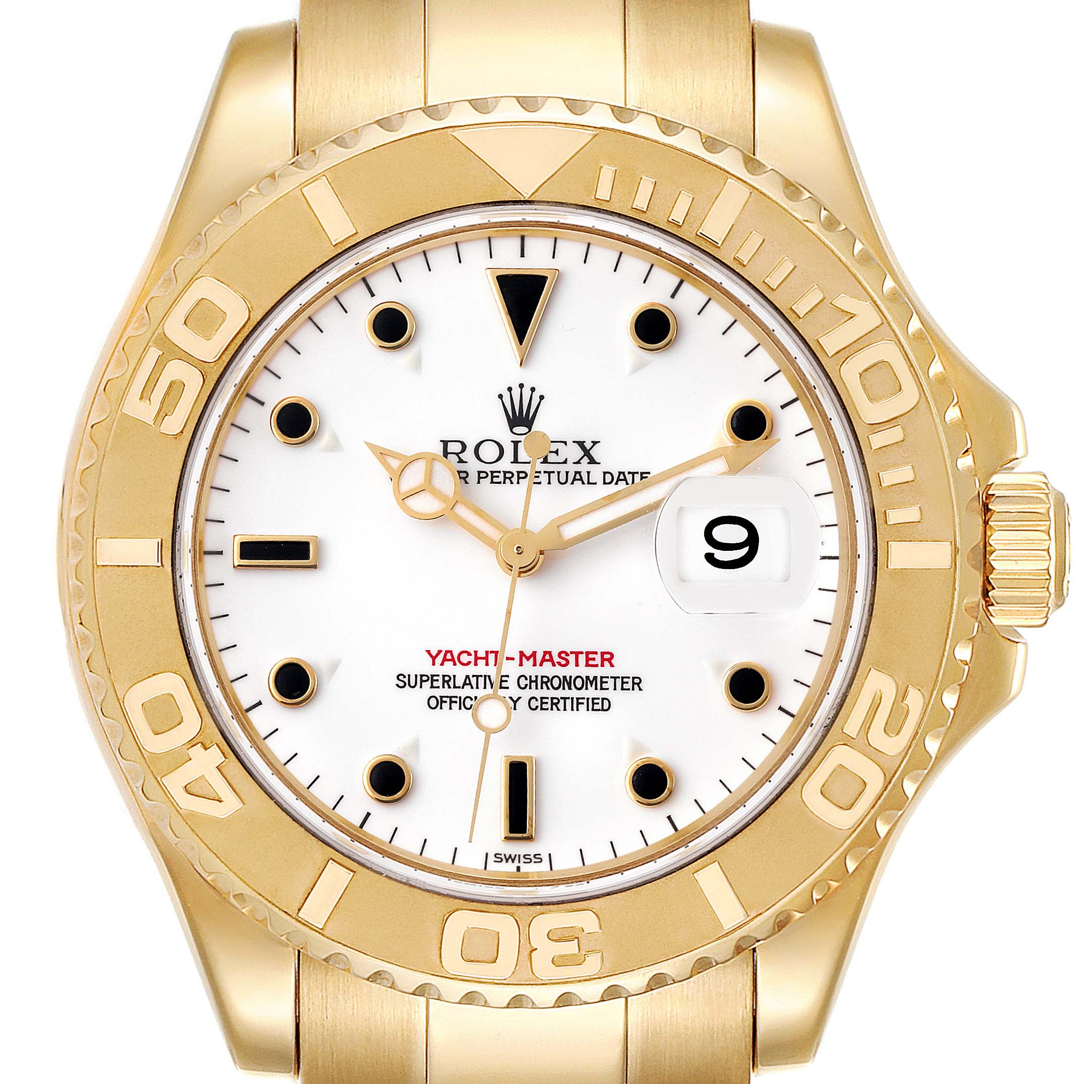 The image shows a front-facing view of a Rolex Yacht-Master 16628 Men
s Yellow Gold White Dial 16628 Men
s Yellow Gold White Dial watch, highlighting the bezel, dial, numerals, hands, and date window.