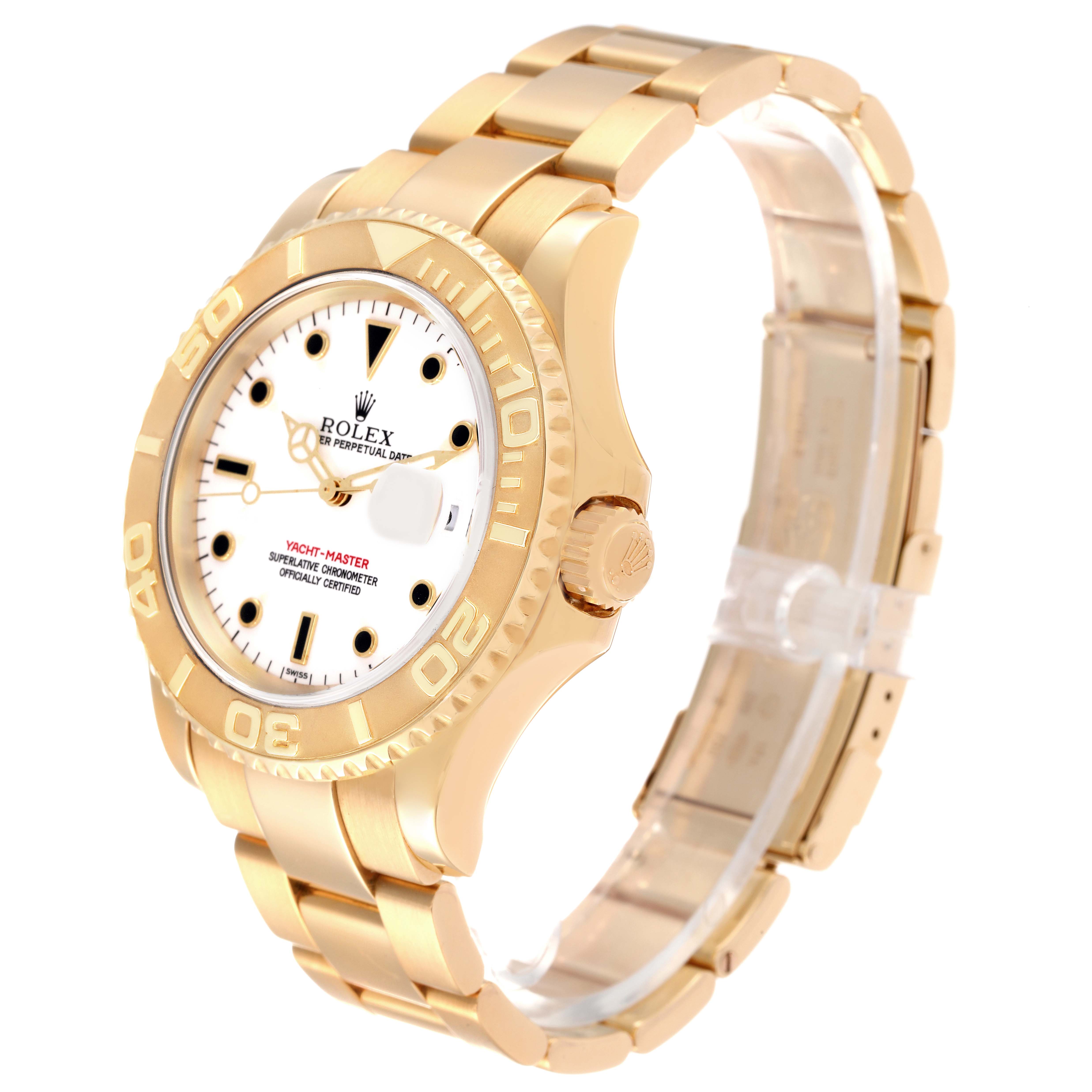 The image shows a side and front angle of a Rolex Yacht-Master 16628 Men
s Yellow Gold White Dial 16628 Men
s Yellow Gold White Dial watch, highlighting the bezel, dial, and bracelet.