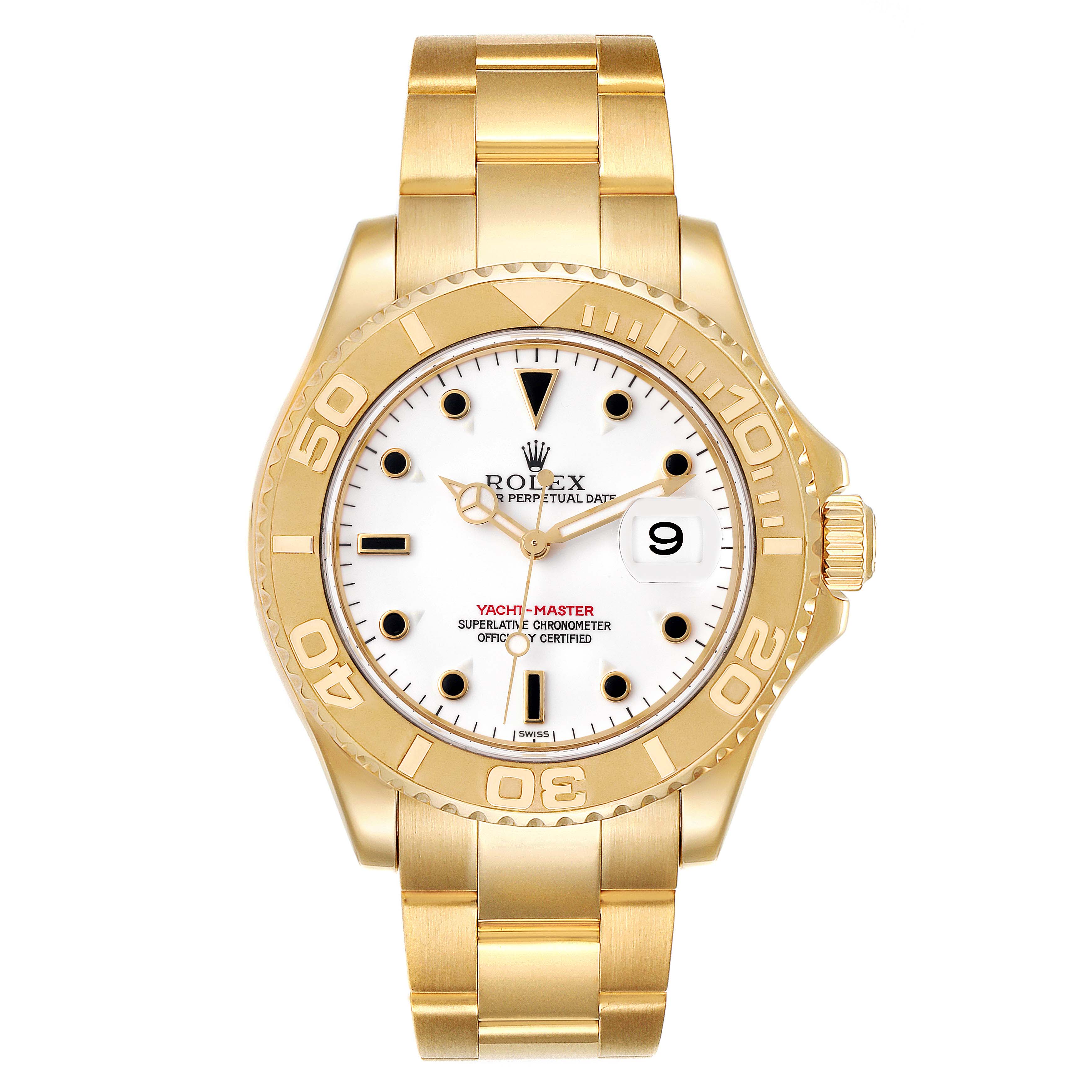This image shows a front view of the Rolex Yacht-Master 16628 Men
s Yellow Gold White Dial 16628 Men
s Yellow Gold White Dial watch, highlighting the dial, bezel, case, and bracelet.