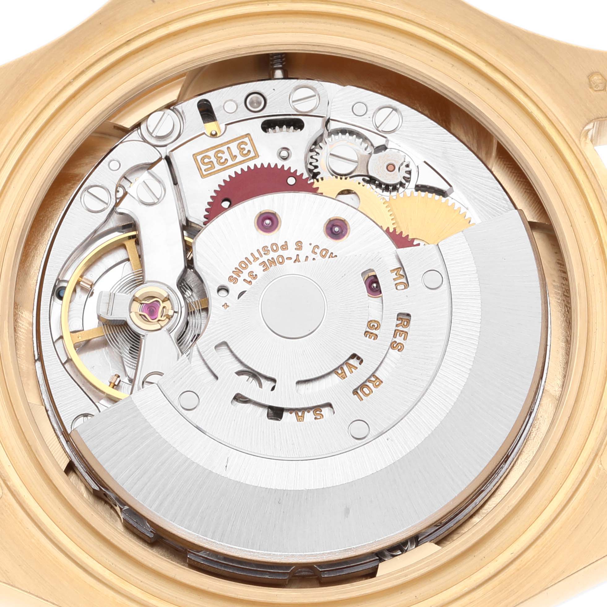 This image shows a close-up of the internal mechanism of a Rolex Yacht-Master 16628 Men
s Yellow Gold White Dial 16628 Men
s Yellow Gold White Dial watch.