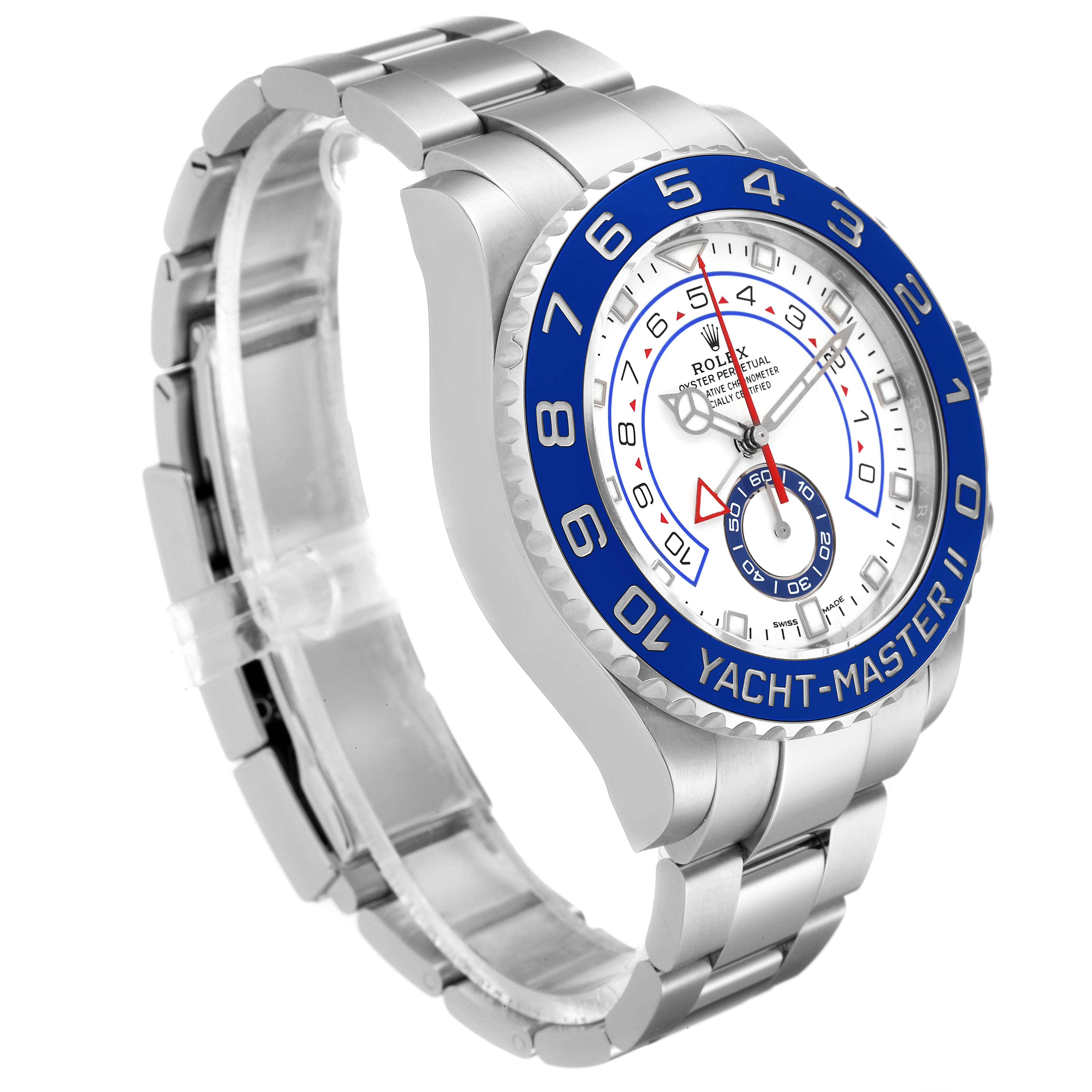 This image shows a Rolex Yacht-Master 116680 Men's Stainless Steel White Dial 116680 Men's Stainless Steel White Dial watch at a three-quarter angle, displaying its bezel, dial, case, and bracelet.