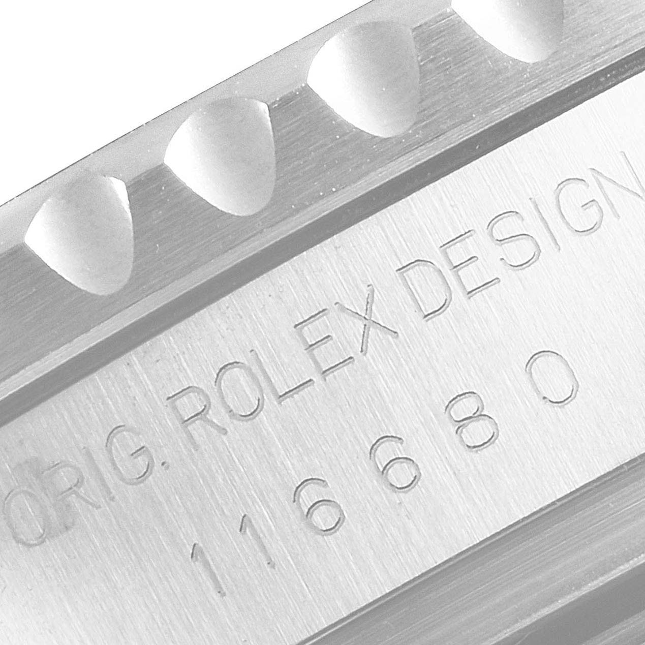 This image shows a close-up of the bezel and the engraved model number on the side of the Rolex Yacht-Master 116680 Men's Stainless Steel White Dial 116680 Men's Stainless Steel White Dial watch.