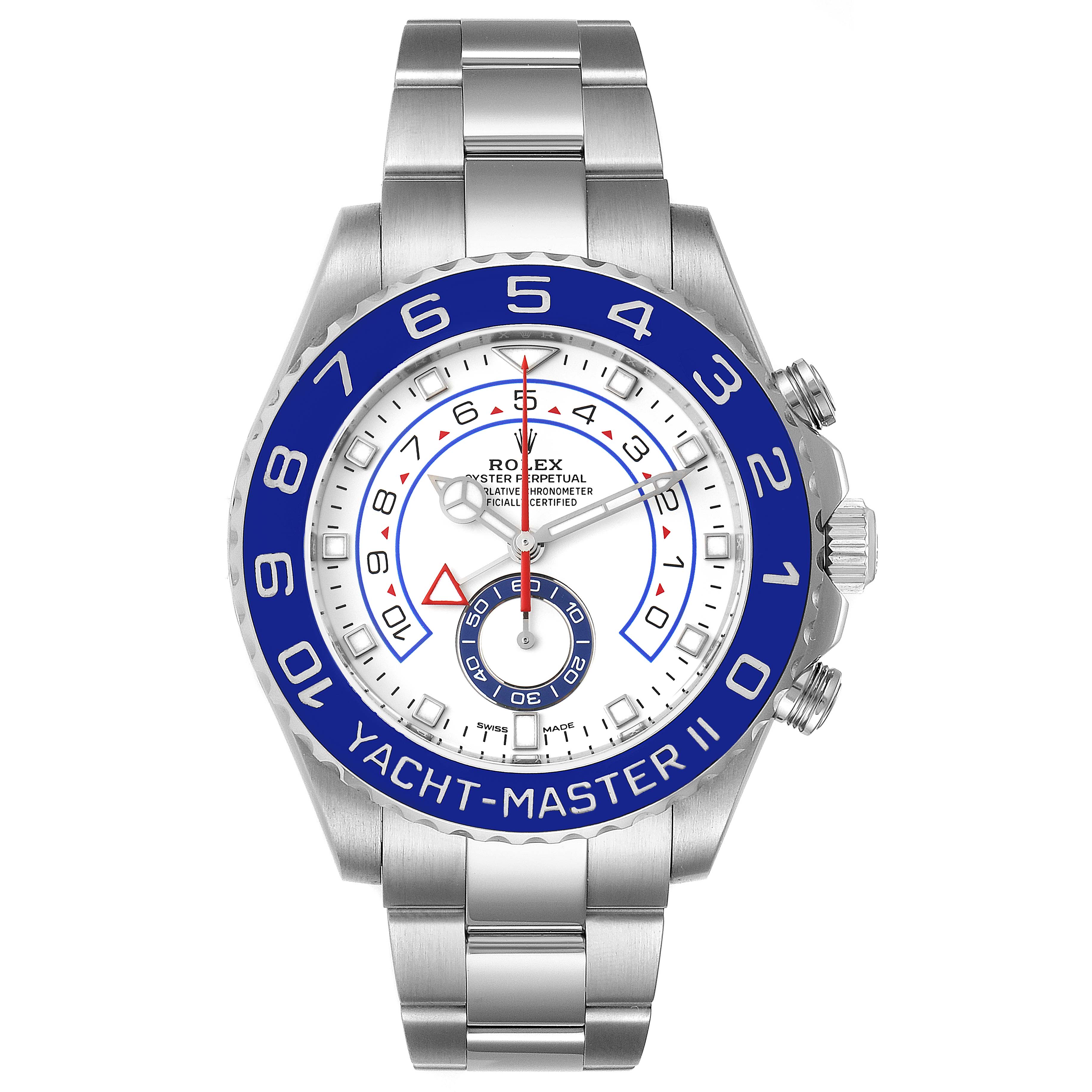 The Rolex Yacht-Master 116680 Men's Stainless Steel White Dial 116680 Men's Stainless Steel White Dial II watch is shown from the front, highlighting its face, bezel, and bracelet.
