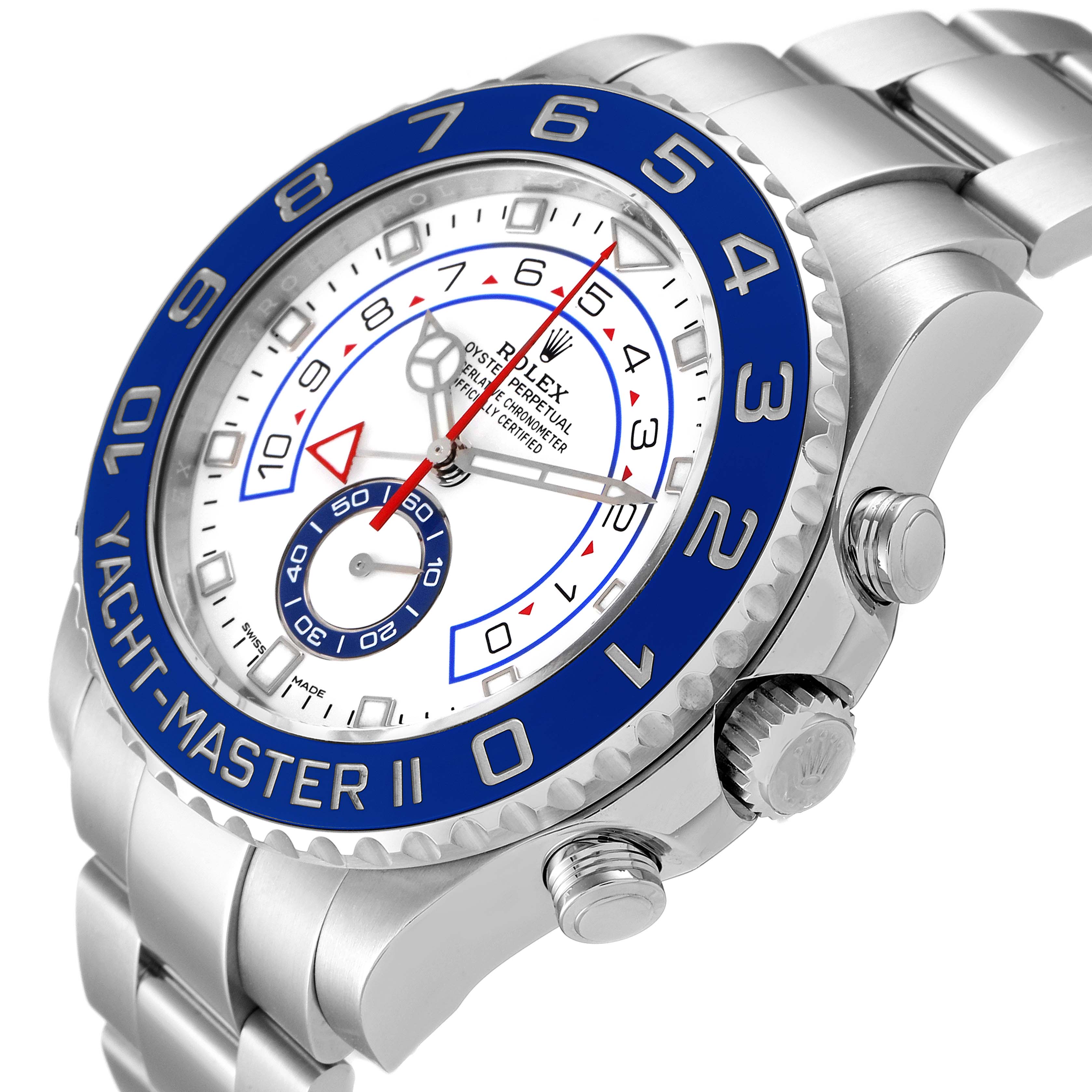 This is a close-up angle of the Rolex Yacht-Master 116680 Men's Stainless Steel White Dial 116680 Men's Stainless Steel White Dial watch displaying the face, bezel, and crown.