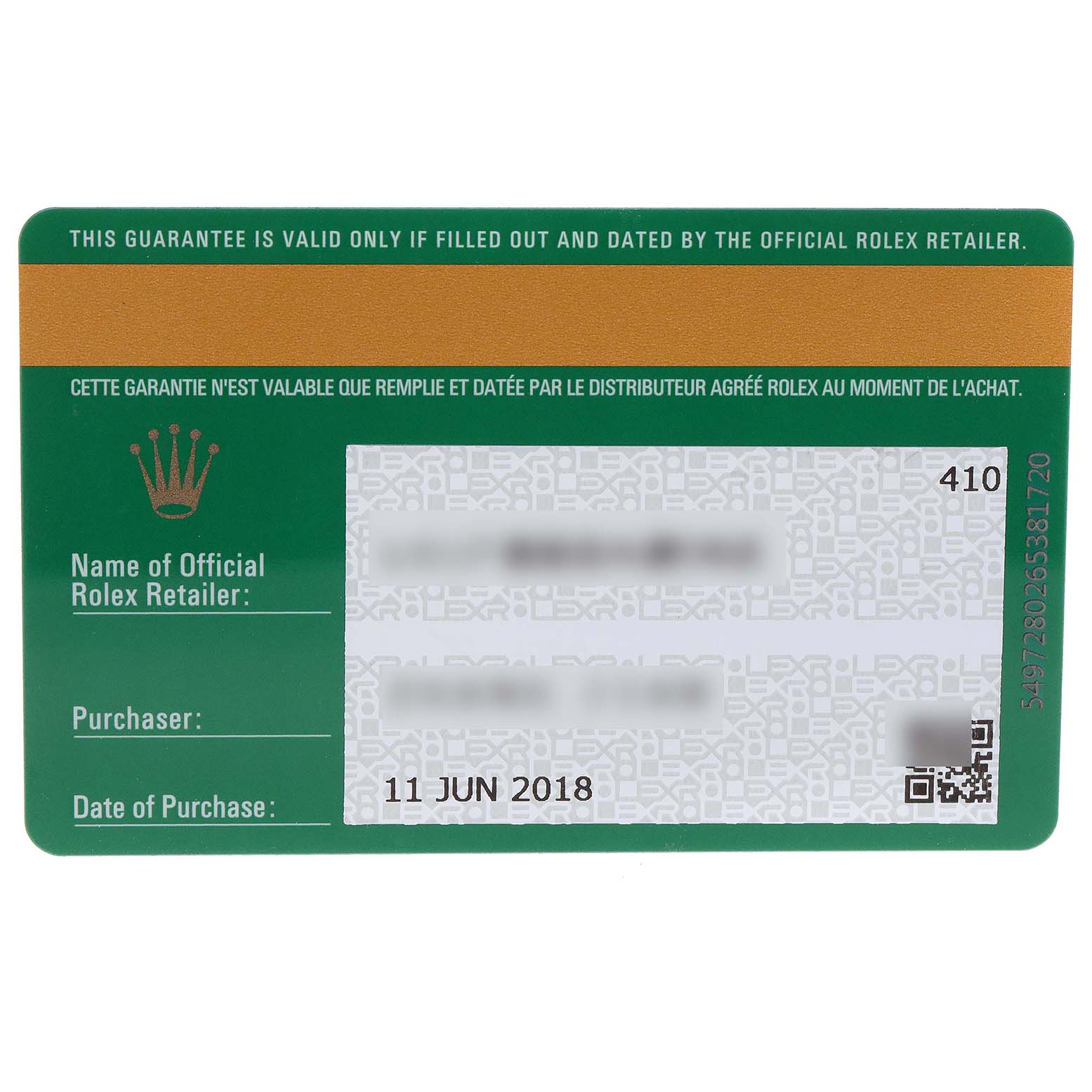 This image shows the warranty card for a Rolex Yacht-Master 116680 Men's Stainless Steel White Dial 116680 Men's Stainless Steel White Dial watch with details about the official retailer, purchaser, and date of purchase.