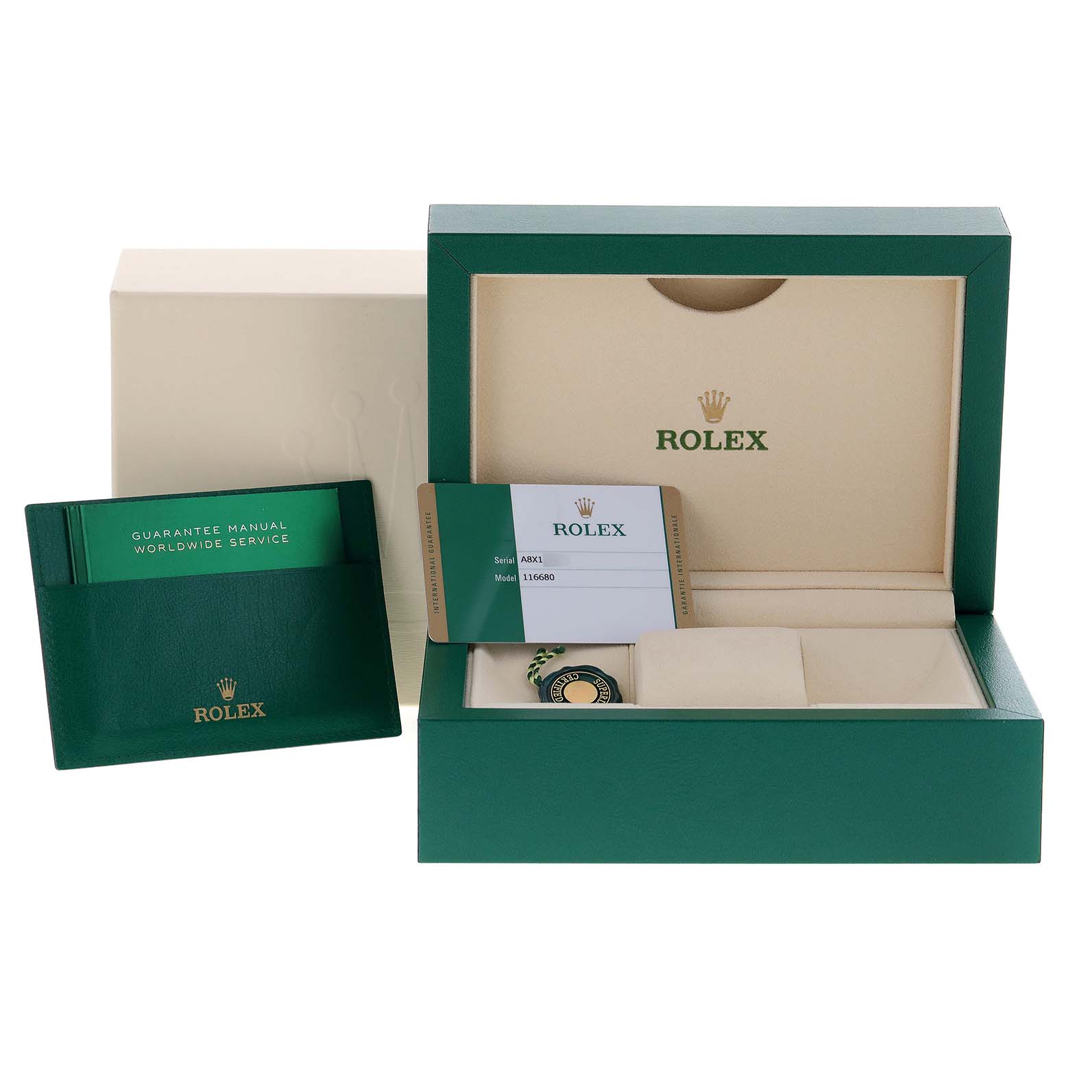 The image shows the packaging, warranty card, and accessories for a Rolex Yacht-Master 116680 Men's Stainless Steel White Dial 116680 Men's Stainless Steel White Dial watch.