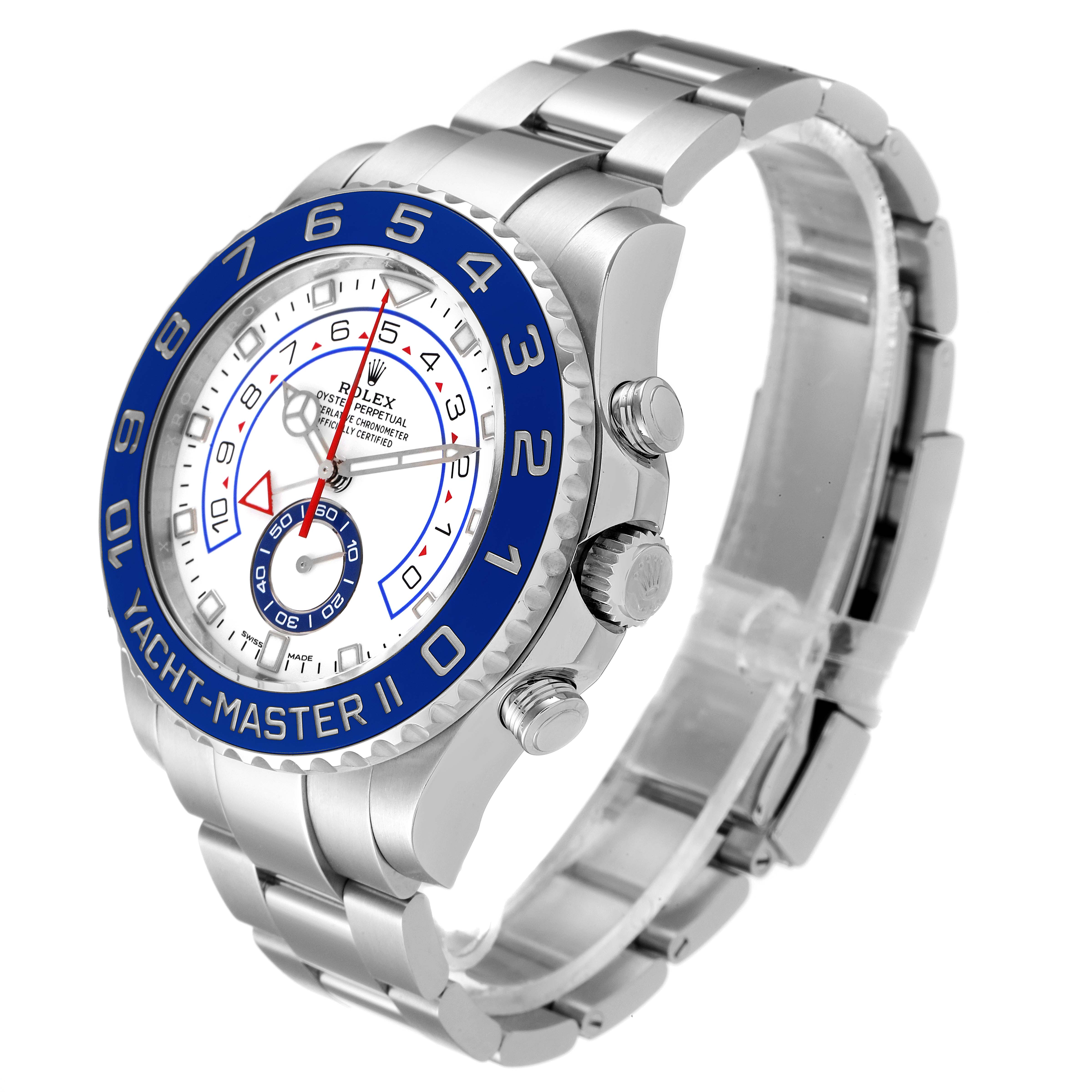 This image shows a side angle of a Rolex Yacht-Master 116680 Men's Stainless Steel White Dial 116680 Men's Stainless Steel White Dial watch, highlighting its blue bezel, white dial, and silver bracelet.