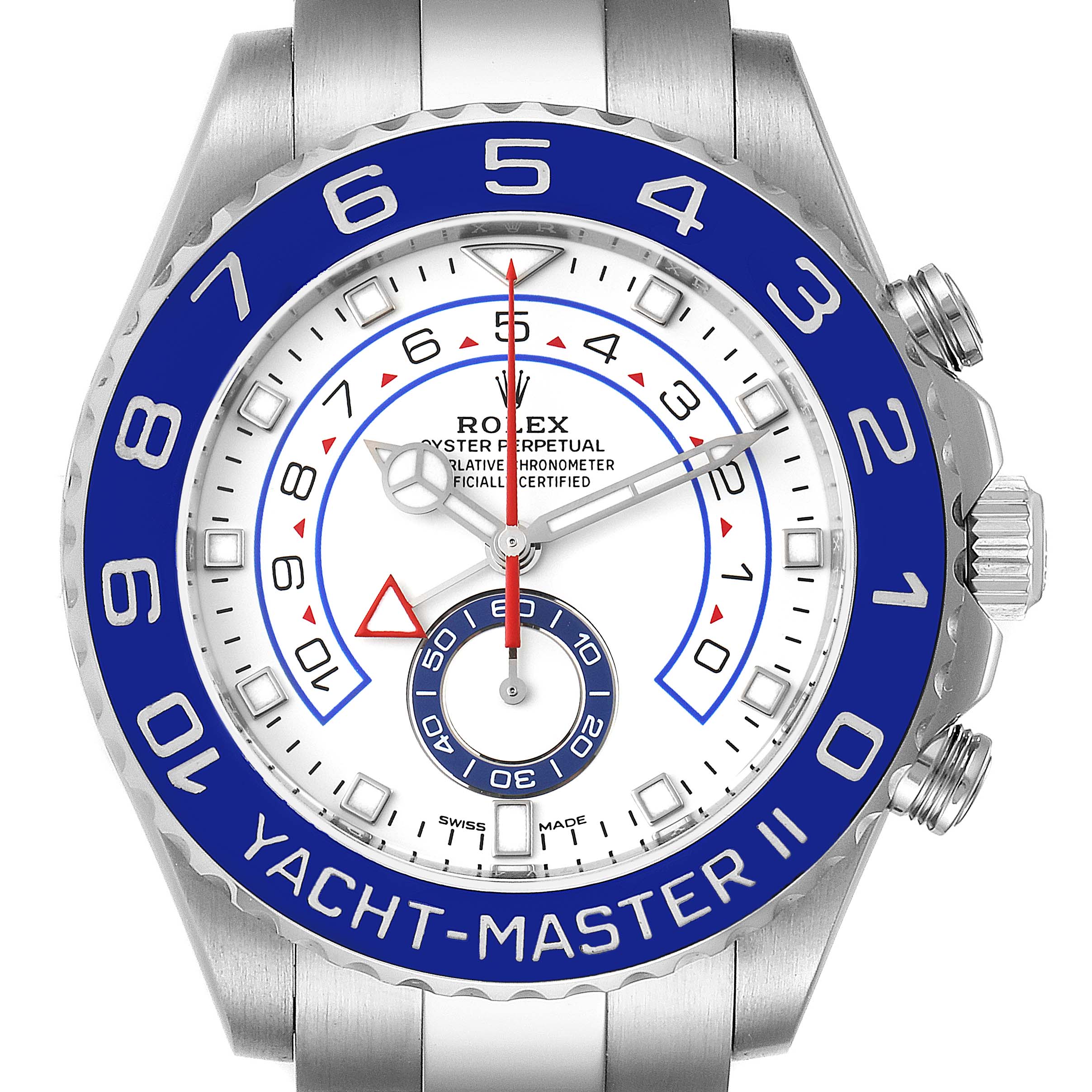 The image shows a front view of a Rolex Yacht-Master 116680 Men's Stainless Steel White Dial 116680 Men's Stainless Steel White Dial II watch, highlighting its blue bezel, crown, and detailed dial.