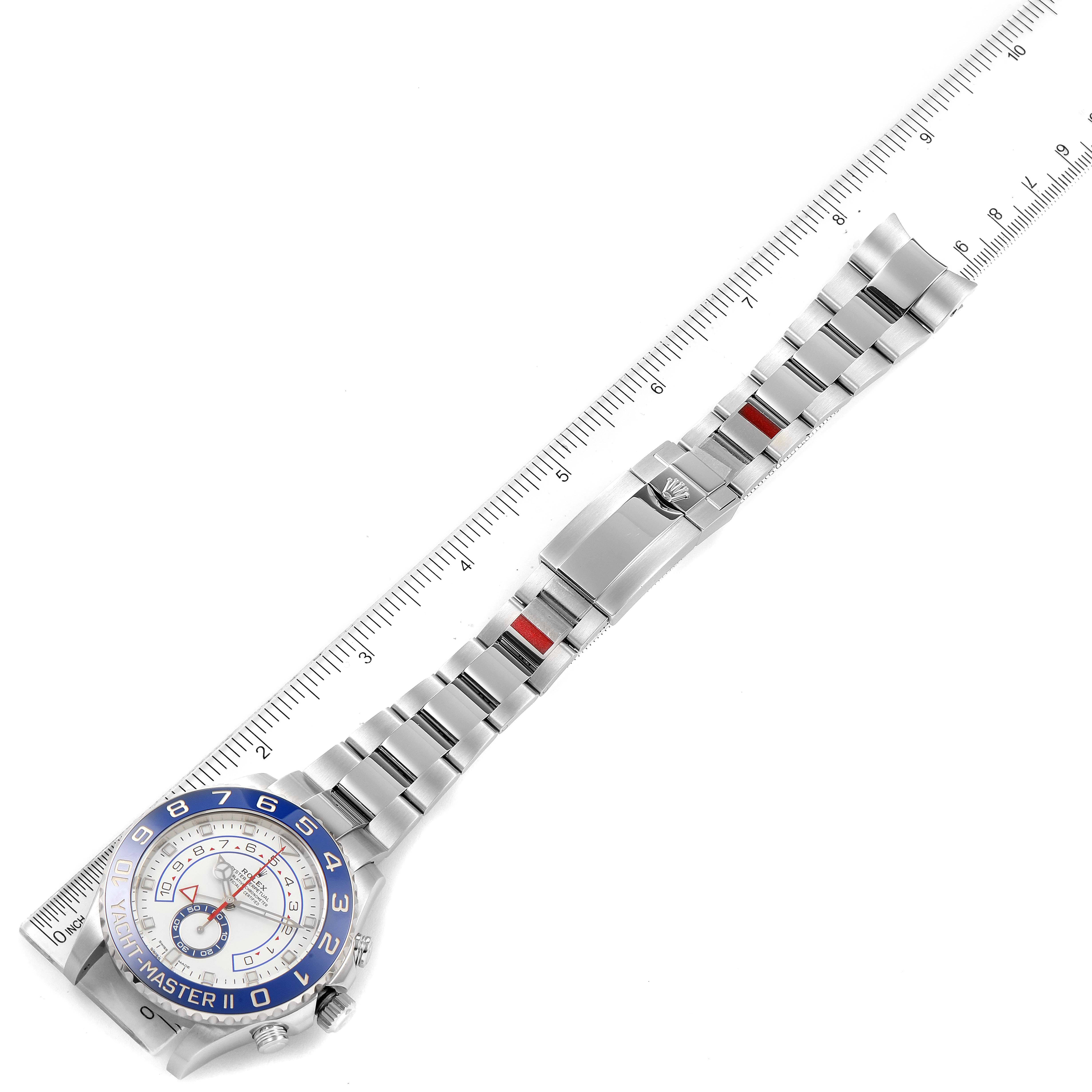 The image shows the Rolex Yacht-Master 116680 Men's Stainless Steel White Dial 116680 Men's Stainless Steel White Dial watch from an overhead angle, displaying the face, bezel, and entire band.