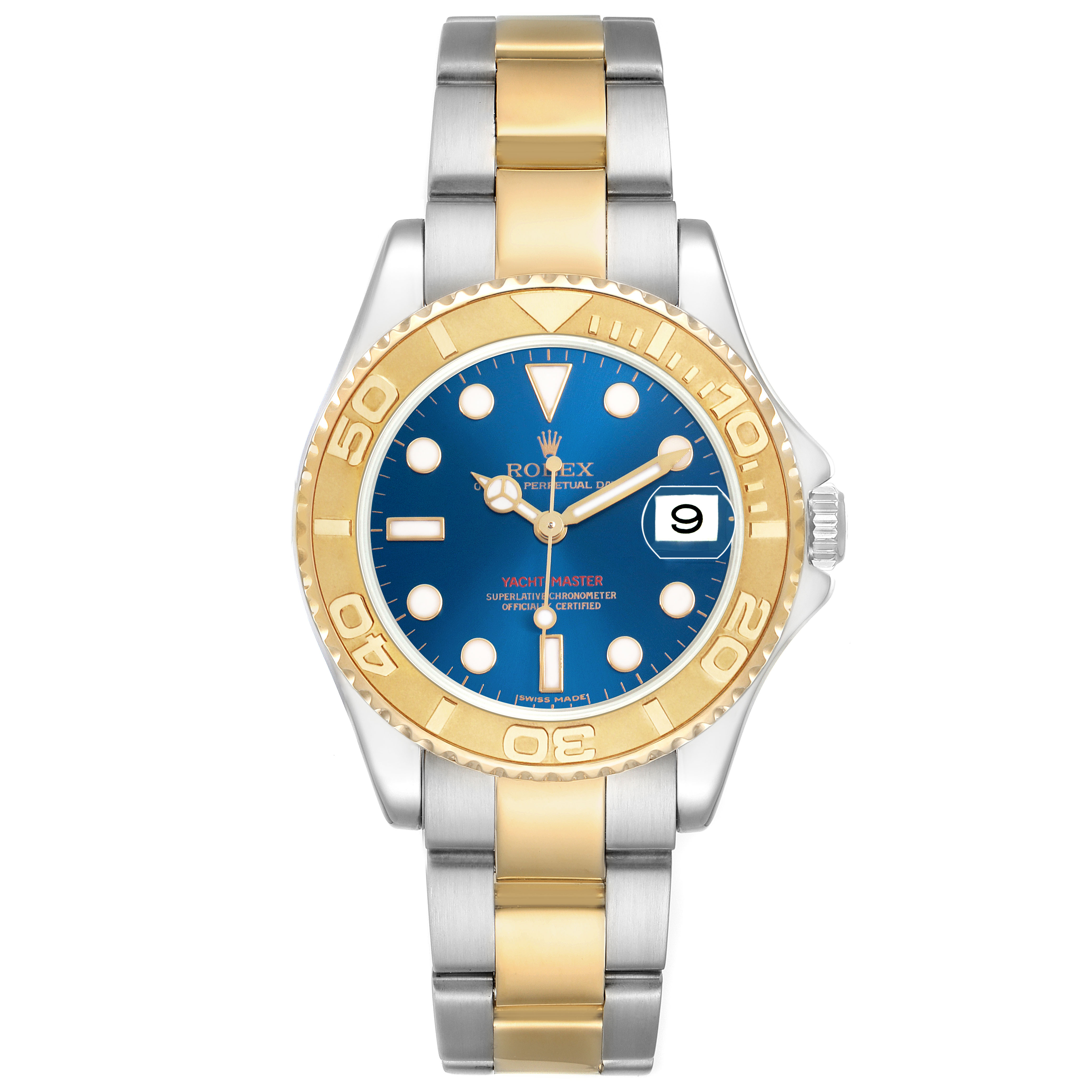 The Rolex Yacht-Master 168623 Men's Steel and Gold (two tone) Blue Dial watch is shown from the front, highlighting its blue dial, gold bezel, and two-tone bracelet.