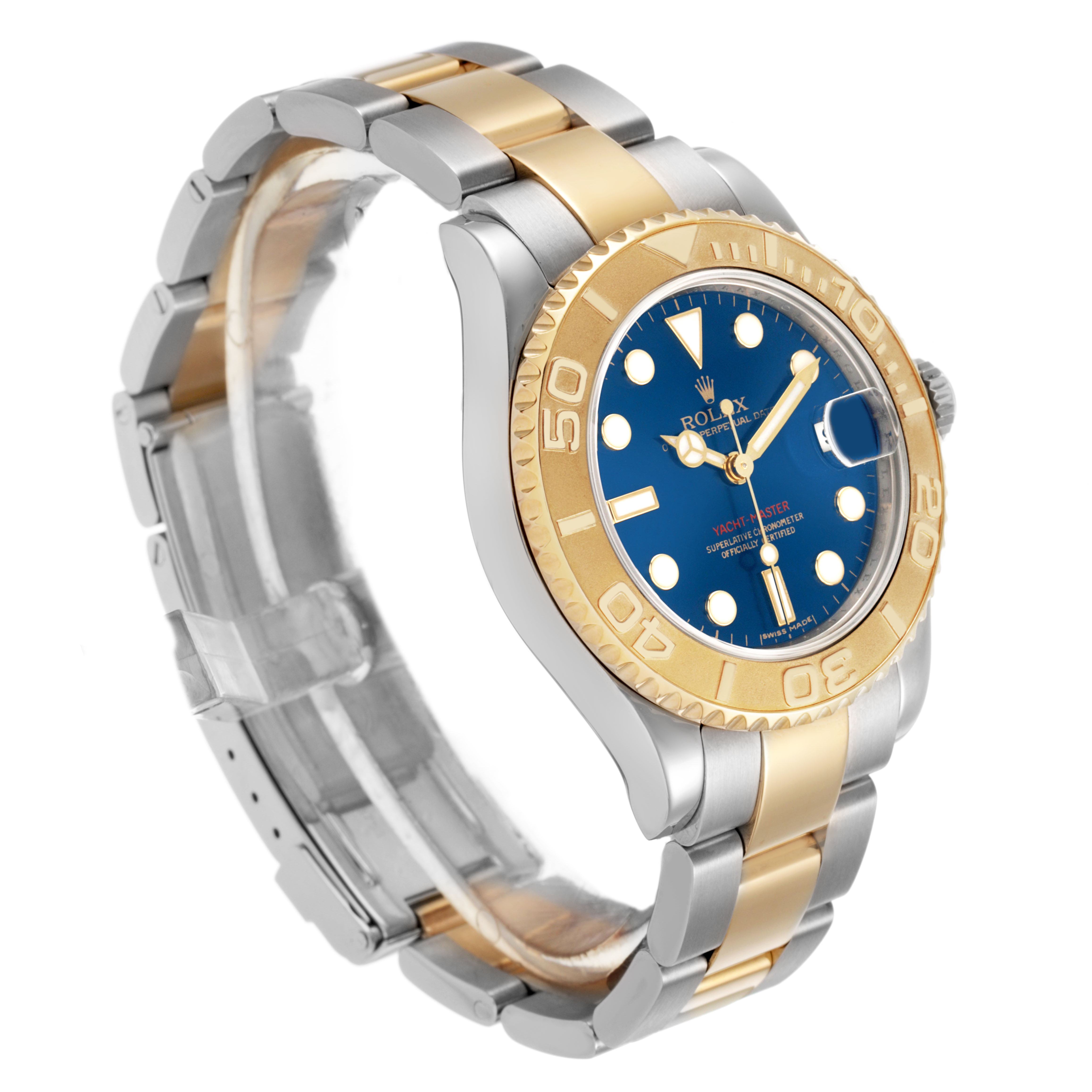 The Rolex Yacht-Master 168623 Men's Steel and Gold (two tone) Blue Dial watch is shown at a slight angle, highlighting the blue dial, gold bezel, and two-tone bracelet.