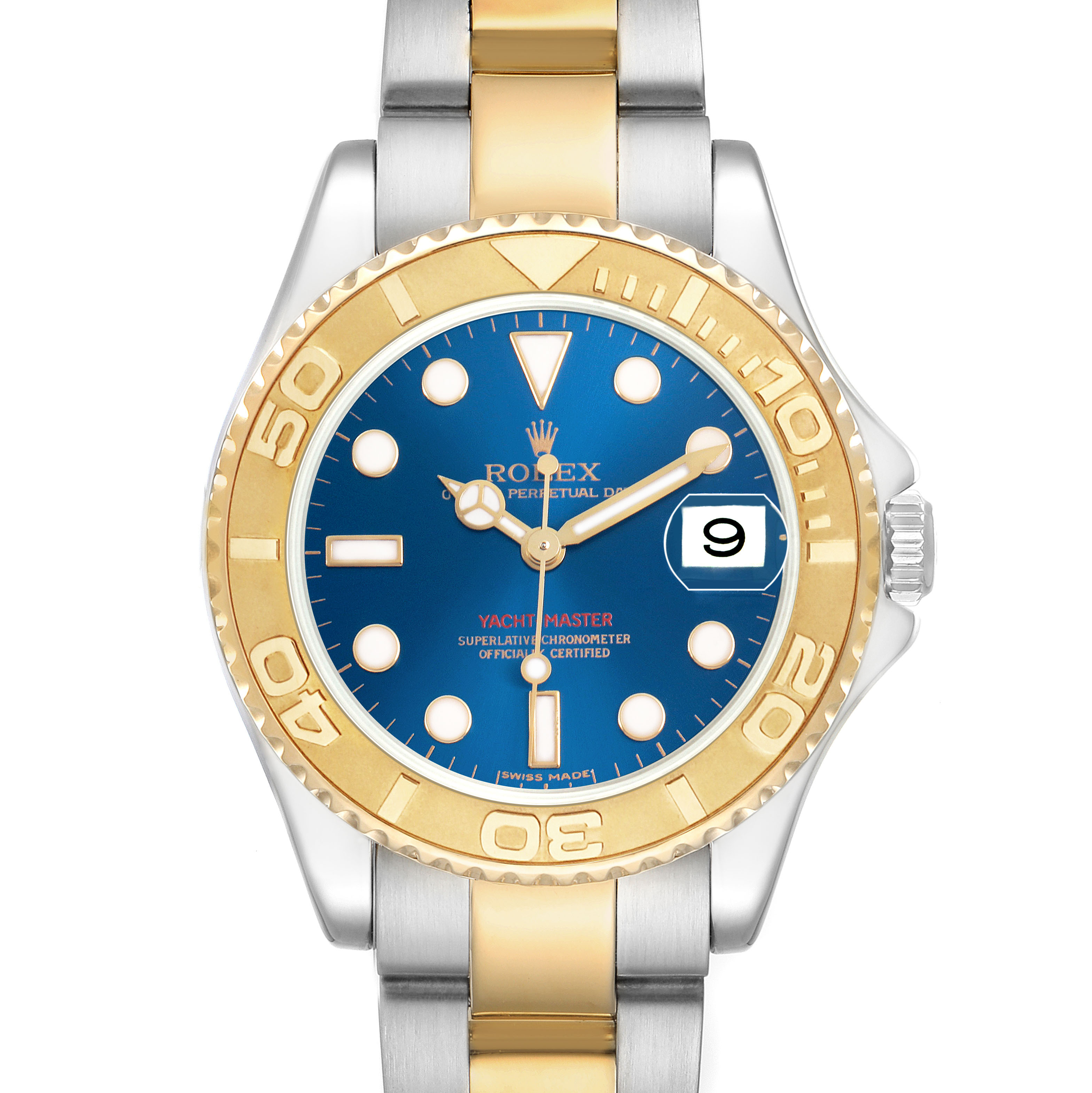 The Rolex Yacht-Master 168623 Men's Steel and Gold (two tone) Blue Dial watch is shown from a top-down angle, displaying the face, bezel, and part of the bracelet.