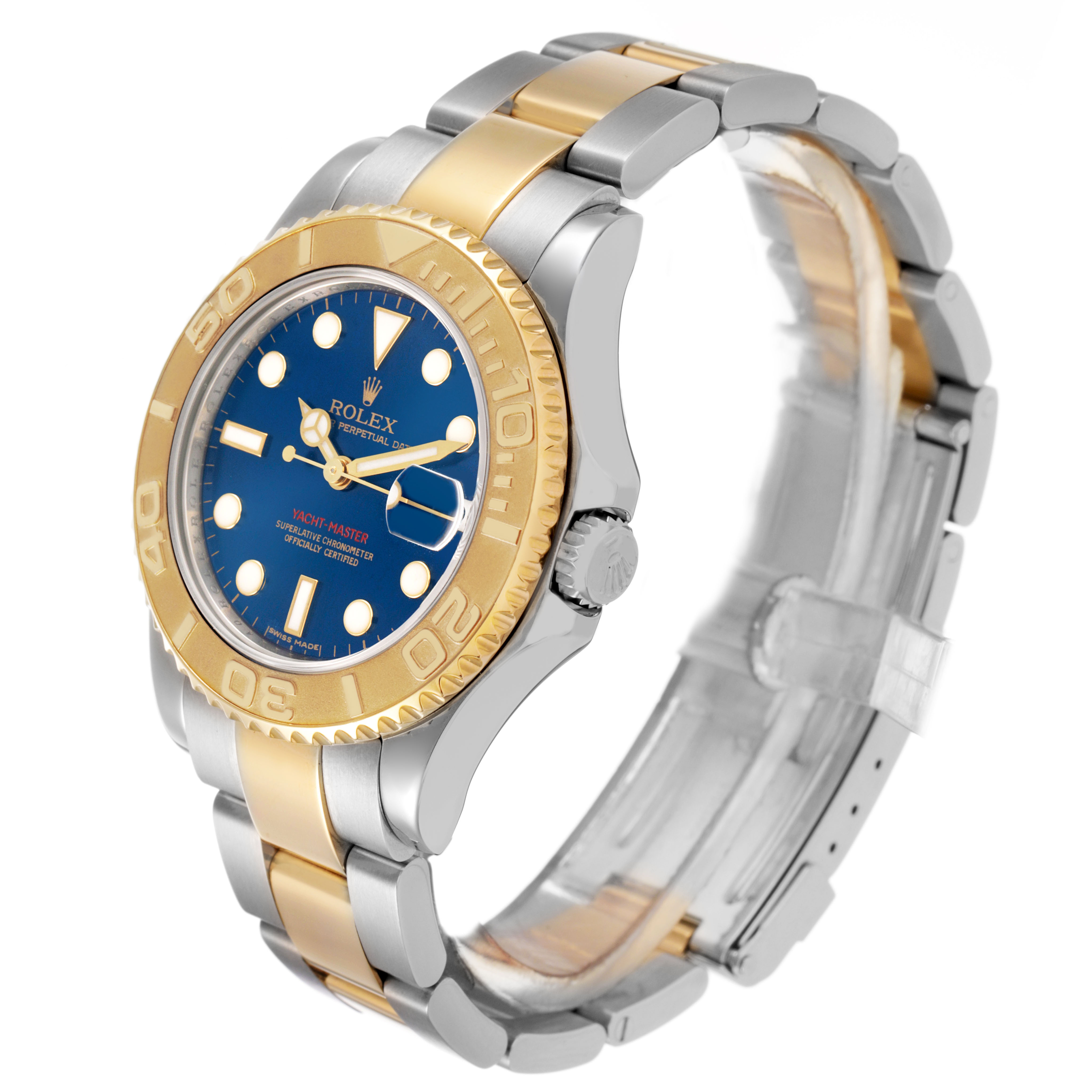 The Rolex Yacht-Master 168623 Men's Steel and Gold (two tone) Blue Dial watch is shown at a slight angle, displaying the face, bezel, and bracelet with a focus on the crown side.