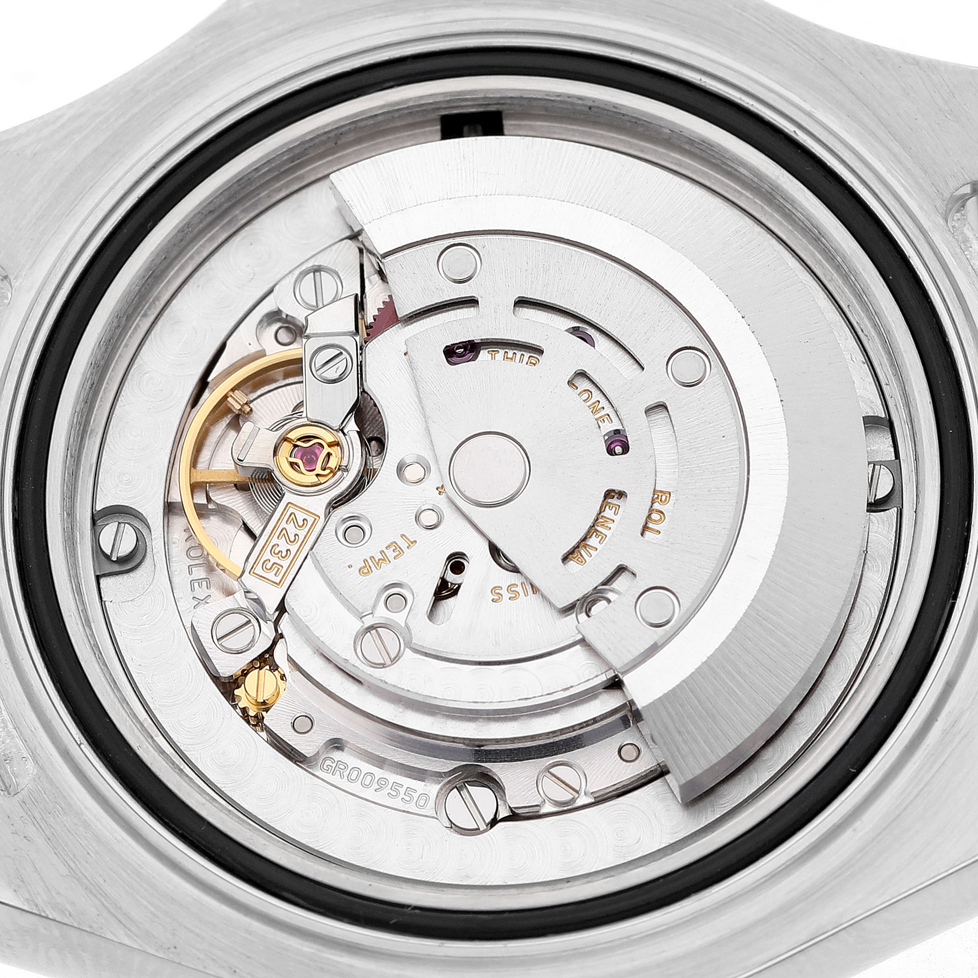 The image shows the intricate movement and inner workings of a Rolex Yacht-Master 168623 Men's Steel and Gold (two tone) Blue Dial watch from a case back angle.