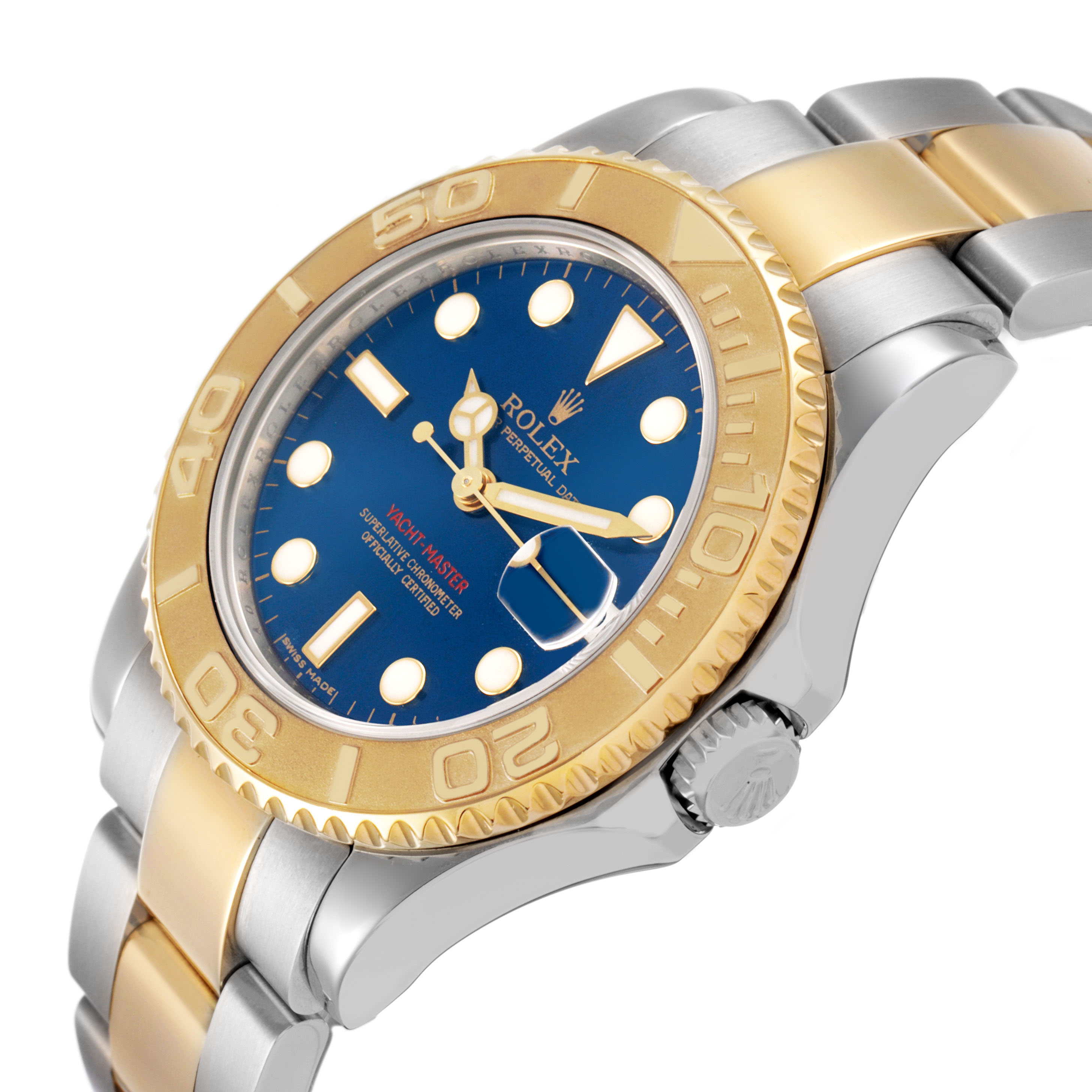 The image shows a Rolex Yacht-Master 168623 Men's Steel and Gold (two tone) Blue Dial watch at an angled view, highlighting its gold bezel, blue dial, and two-tone bracelet.