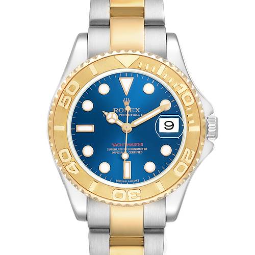 The Rolex Yacht-Master 168623 Men's Steel and Gold (two tone) Blue Dial watch is shown from a front angle, highlighting its blue dial, gold bezel, and two-tone bracelet.