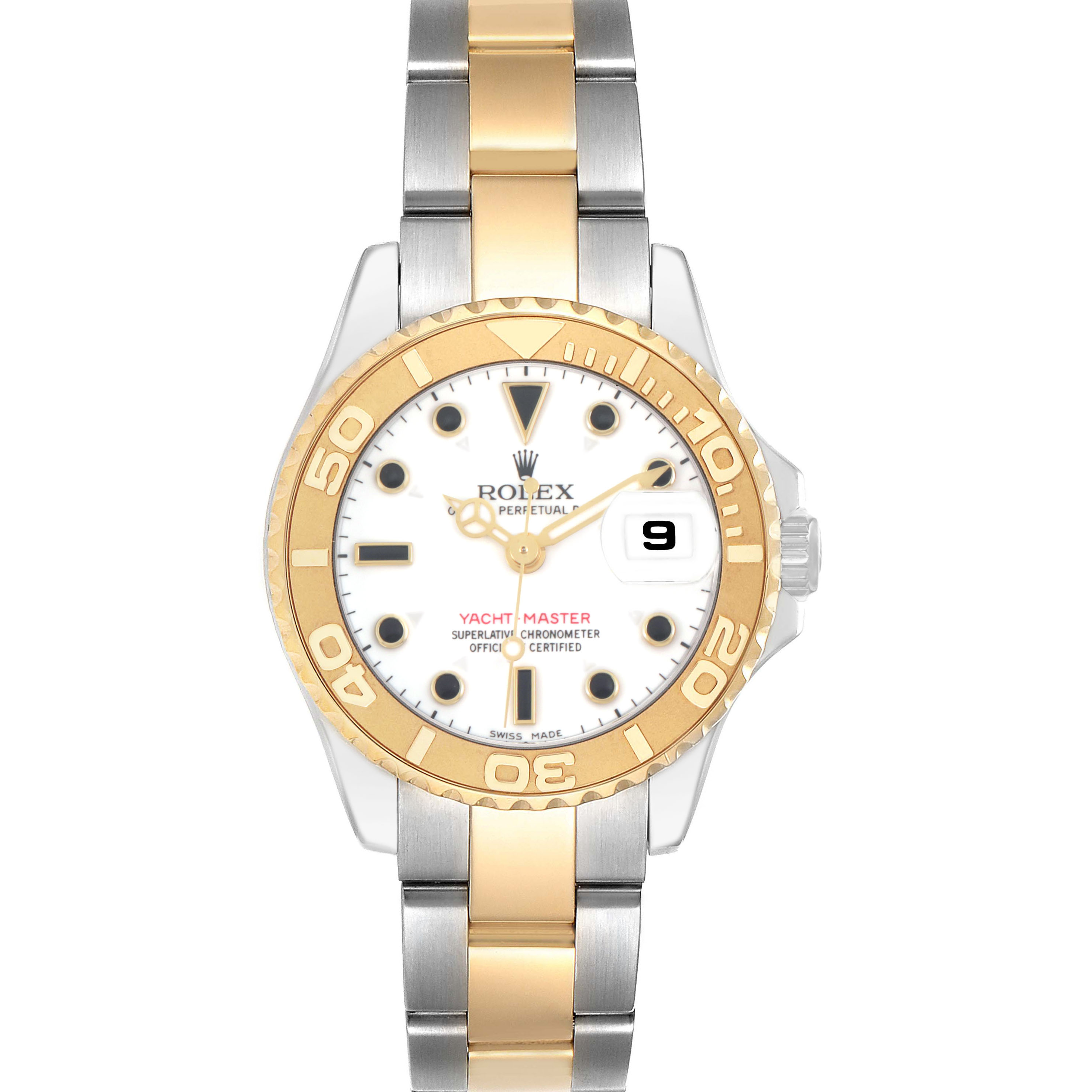 The Rolex Yacht-Master 169623 Women's Steel and Gold (two tone) White Dial watch is shown from the front, highlighting its two-tone bezel, dial, and bracelet.