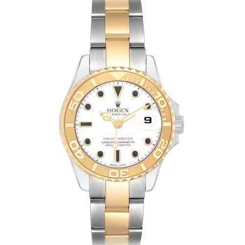 The Rolex Yacht-Master 169623 Women's Steel and Gold (two tone) White Dial watch is shown from the front, displaying its gold and silver case, bezel, and bracelet.