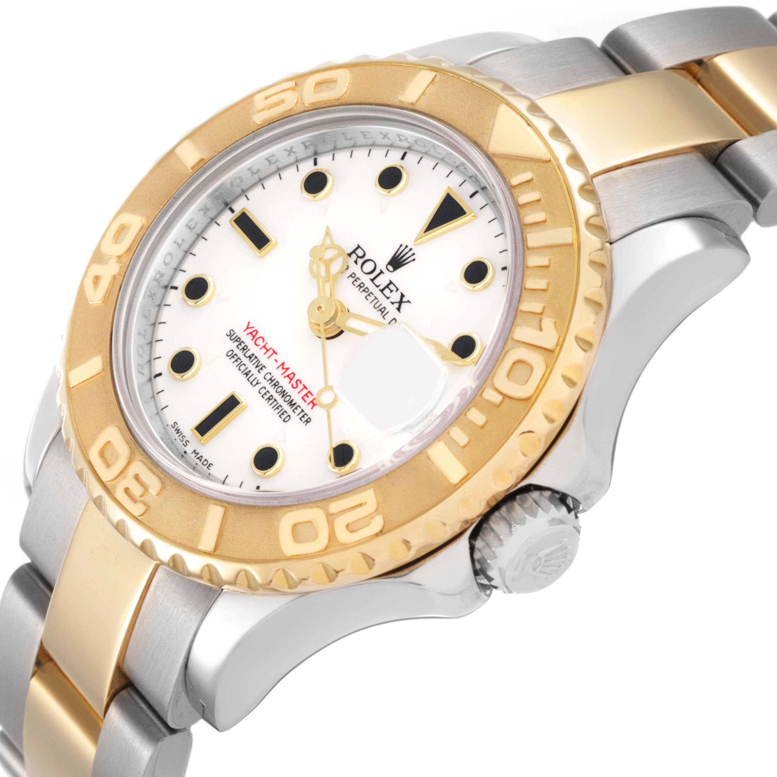 The image shows a Rolex Yacht-Master 169623 Women's Steel and Gold (two tone) White Dial watch from a slightly angled top view, highlighting the bezel, dial, and part of the bracelet.