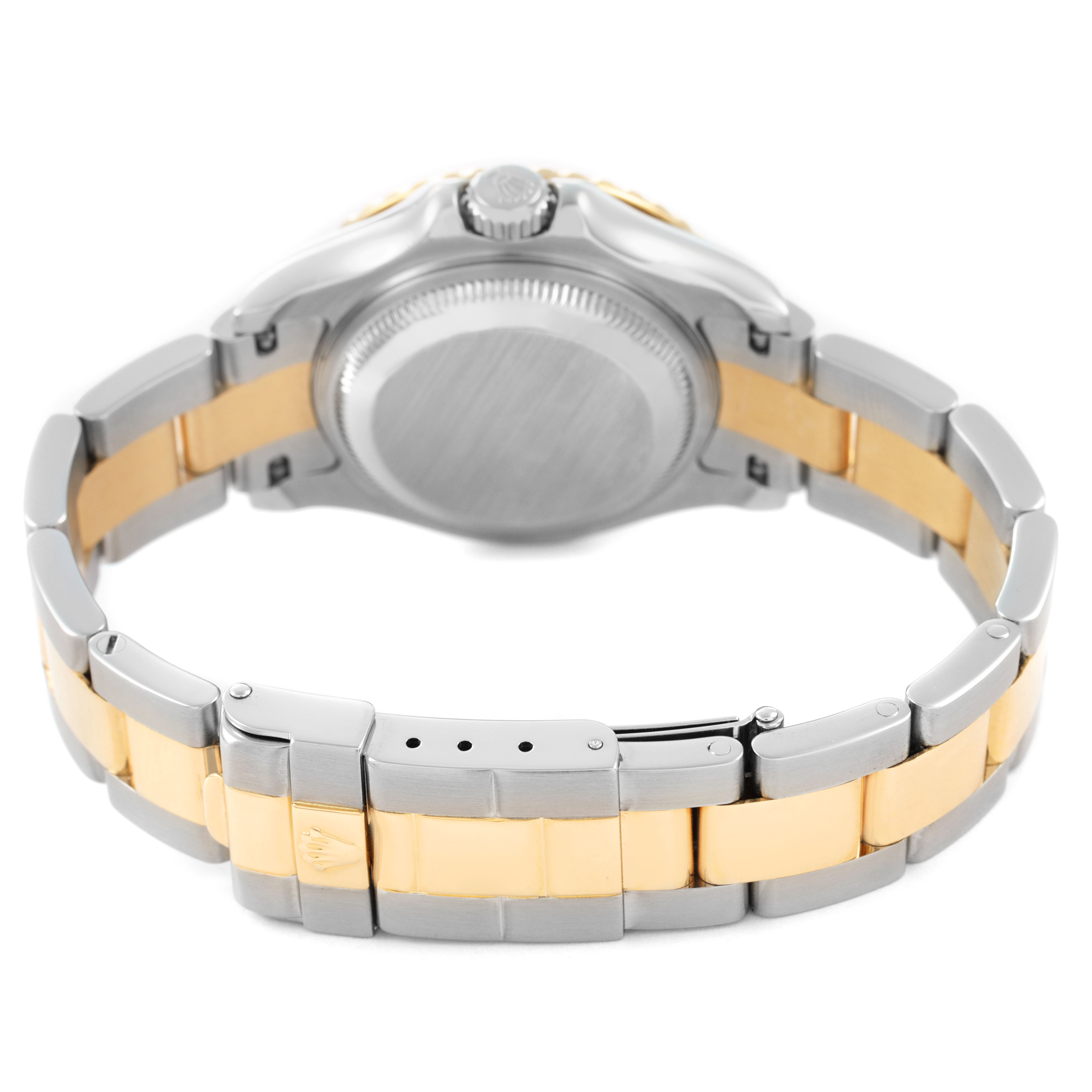 The image shows the back and bracelet of the Rolex Yacht-Master 169623 Women's Steel and Gold (two tone) White Dial, highlighting its two-tone metal design.