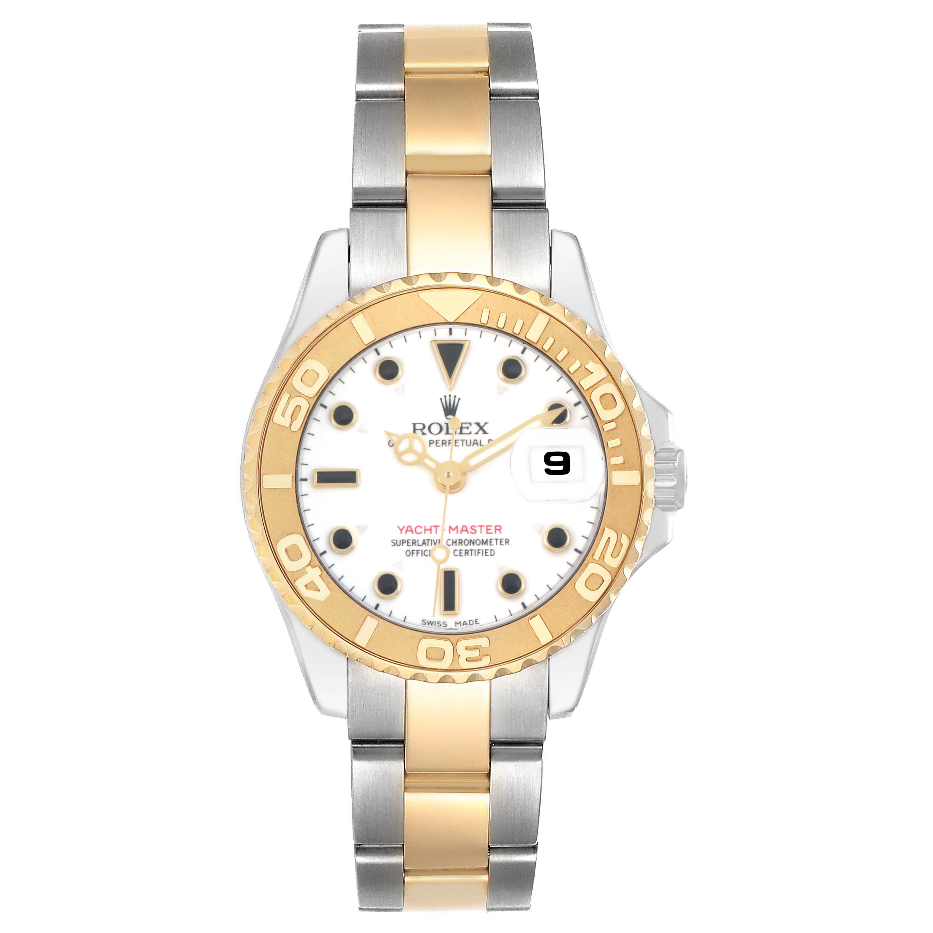 The Rolex Yacht-Master 169623 Women's Steel and Gold (two tone) White Dial watch is shown from the front, displaying its two-tone bracelet, gold bezel, and white dial.