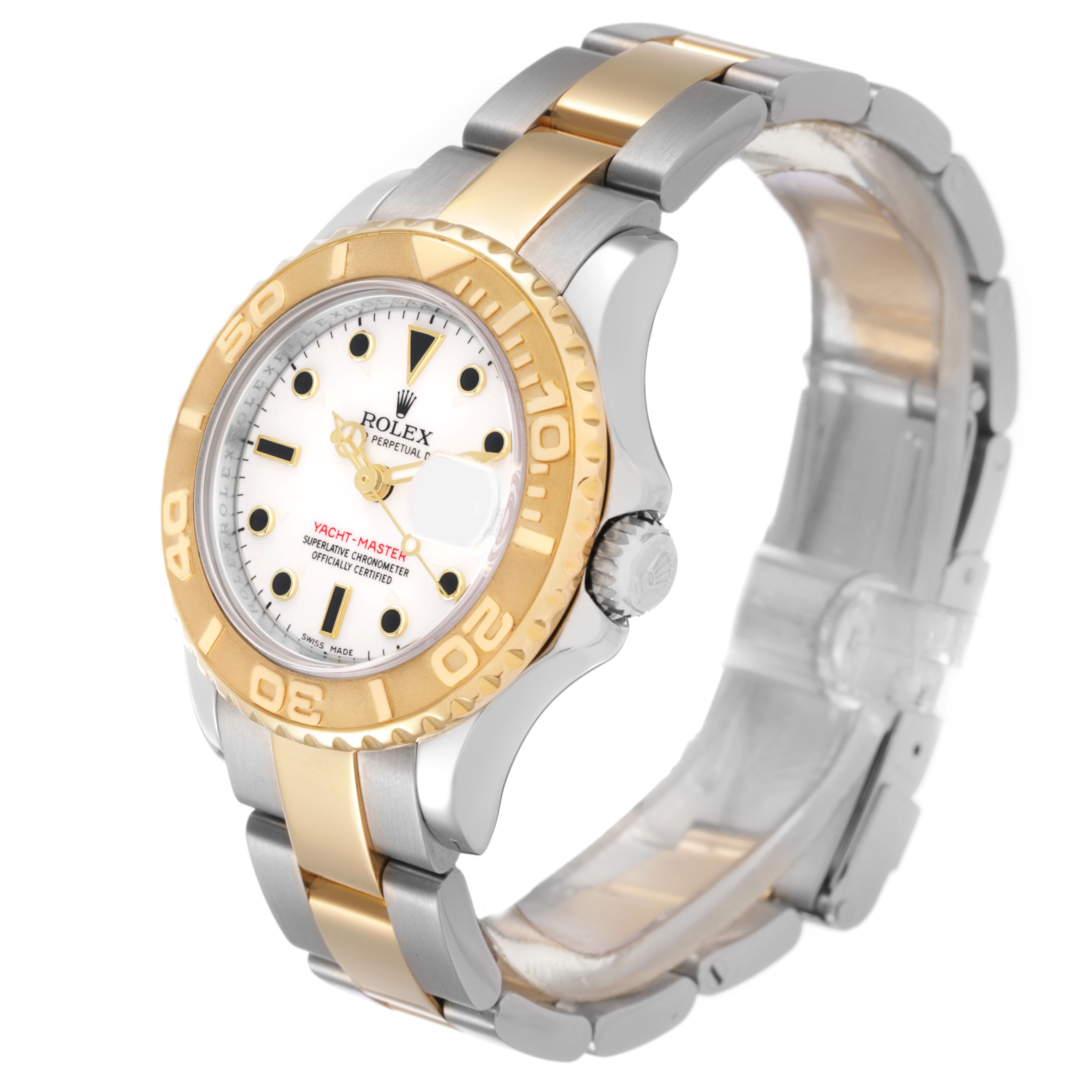 The Rolex Yacht-Master 169623 Women's Steel and Gold (two tone) White Dial watch is shown at a three-quarter angle, displaying its two-tone bezel, dial, and bracelet.