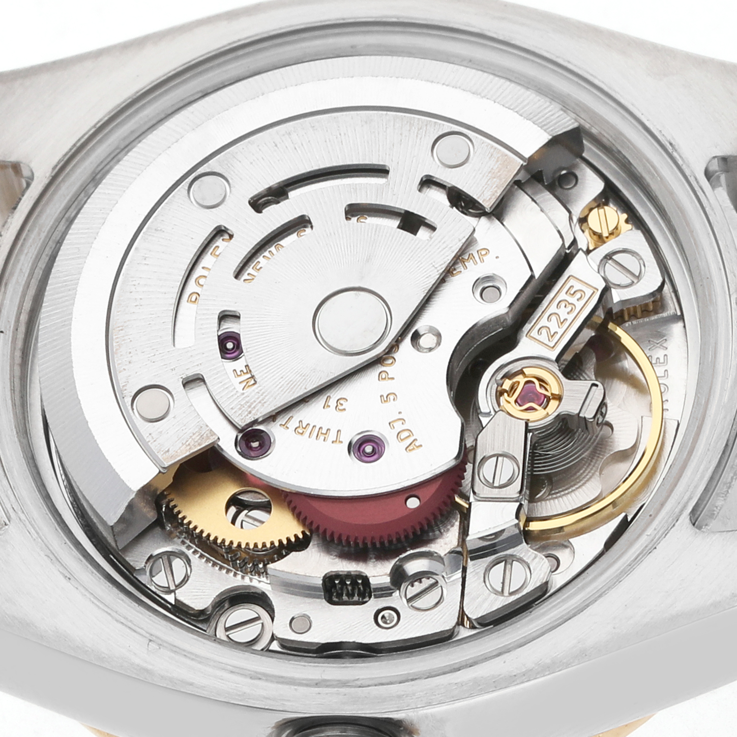The image shows the detailed movement of a Rolex Yacht-Master 169623 Women's Steel and Gold (two tone) White Dial watch, viewed from the back.